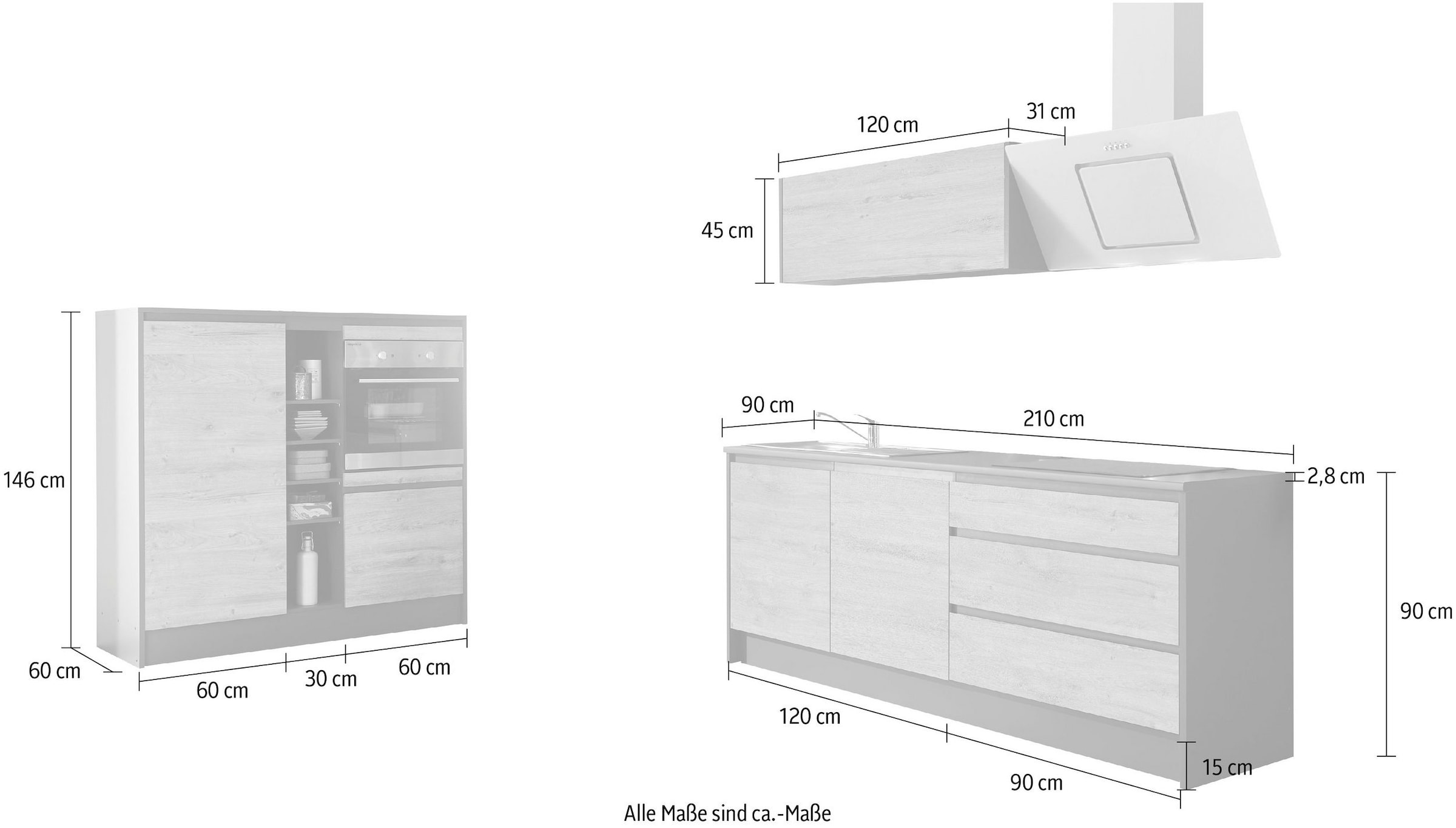 BASIC by Balculina Küchenzeile »Less«, (Set), ohne E-Geräte, Breite 210 cm + 150 cm