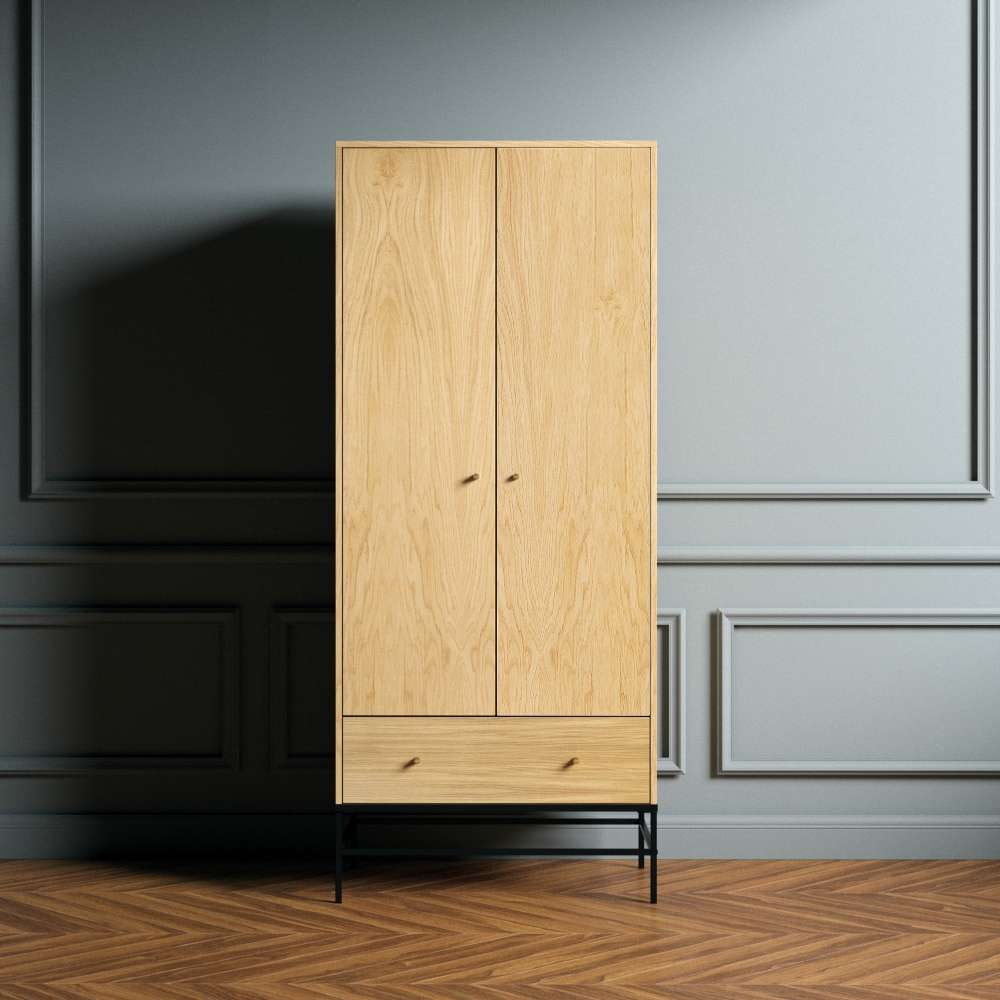 Kleiderschrank »Flora«, Holzfurnier aus Eiche, Fußrahmen aus Metall, Breite 80 cm