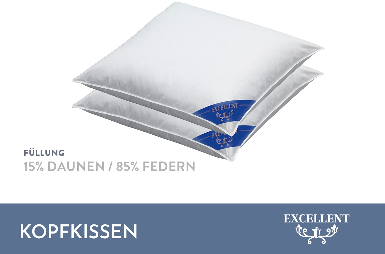 Excellent Kopfkissen »Venedig«, Füllung: weiße neue Federn und Daunen, Klasse I, 85% Federn / 15% Daunen, Bezug: Köper-Inlett, 100% Baumwolle, (Spar-Set, 2 St., 2 Kopfkissen), Kopfkissen 40x40, 40x80, 80x80, allergiker geeignet (Hausstaub)