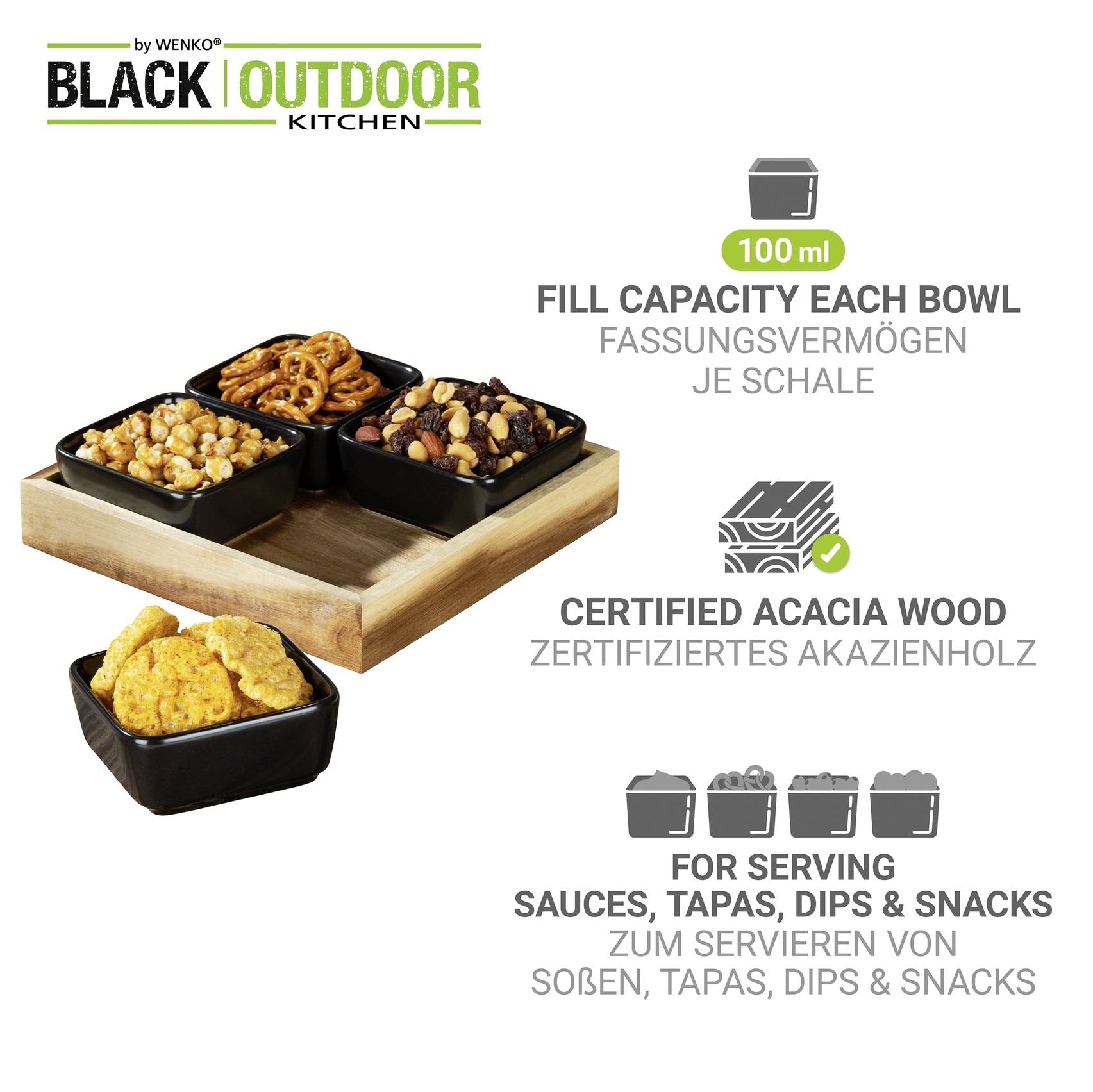 WENKO Dipschale »Modell Elo« 5 tlg. aus Massivholz Schale aus Keramik; Tablett aus Akazienholz