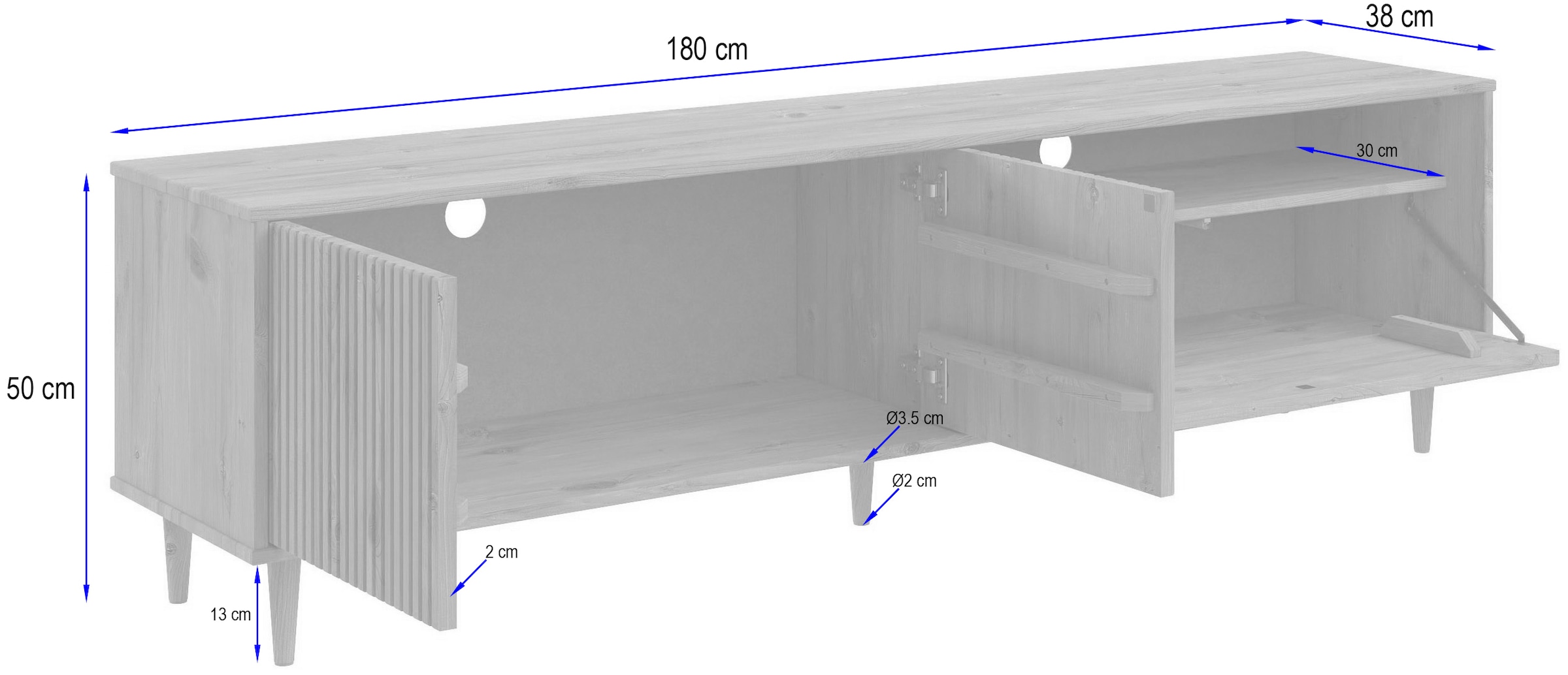 OTTO home Lowboard »Malmedy  Front mit gefrästen Rillen« TV-Kommode aus massivem Kiefernholz, Push-to-open, Breite 180 cm