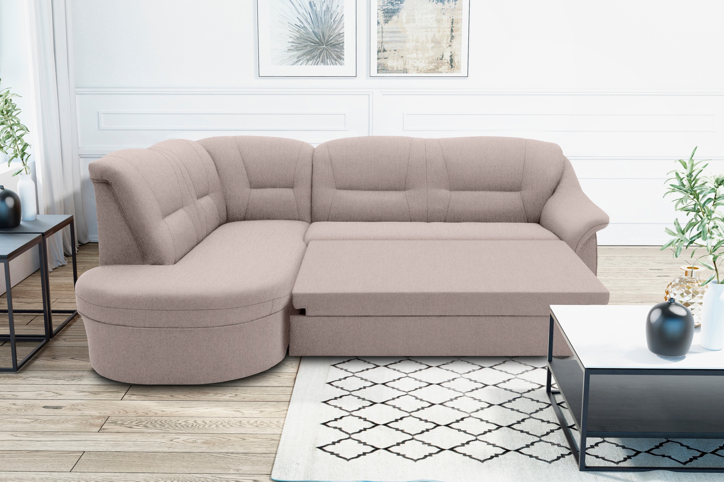 DOMO collection Ecksofa »Faenza für kleine Räume, Stellmaße 232,176cm, komfortabel, L-Form«, mit Ottomane, zeitlos, elegante Armlehnen, wahlweise mit Bettfunktion