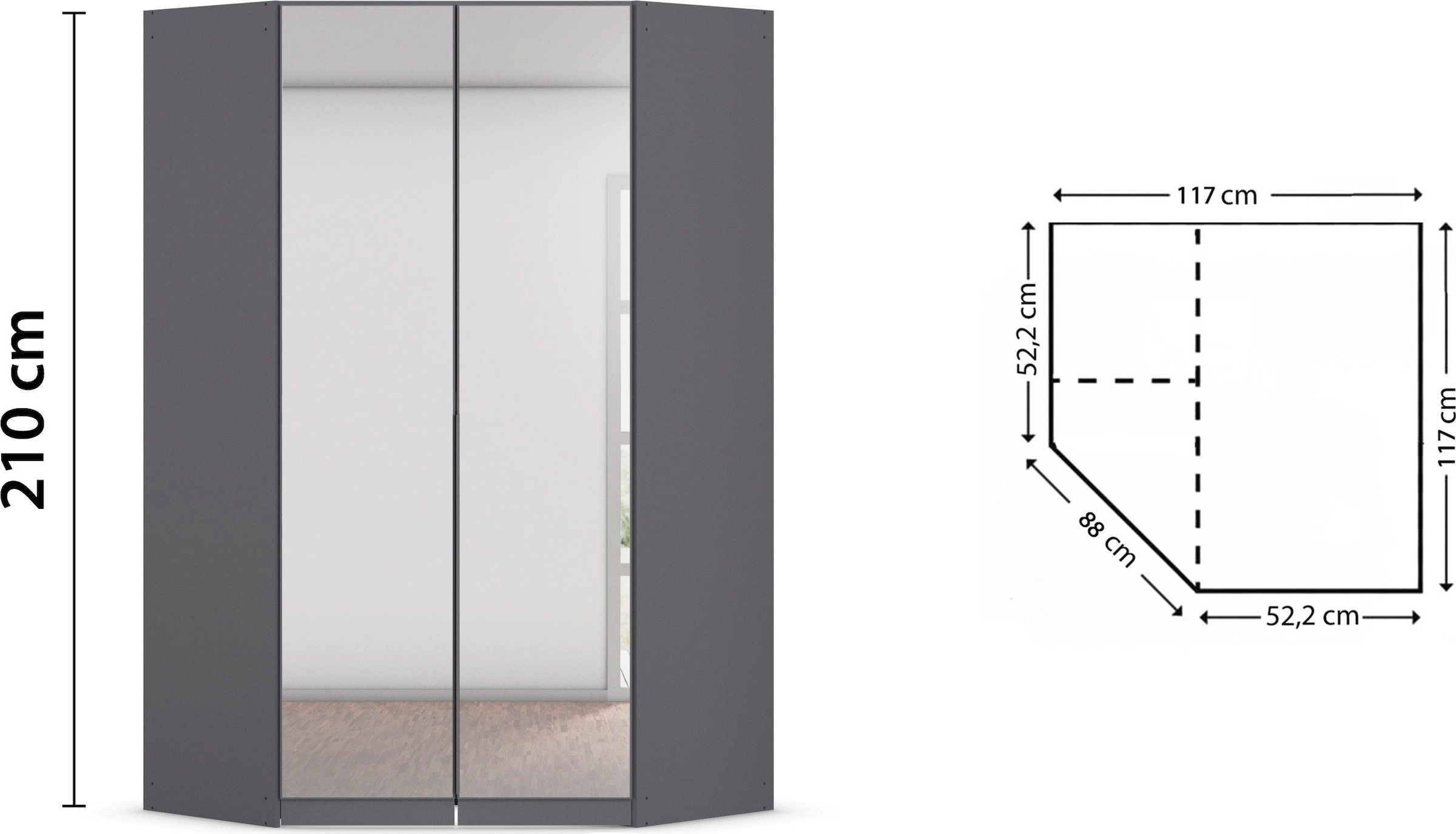 OTTO home Eckkleiderschrank »Kleiderschrank Schrank Ankleidezimmer Schlafzimmer Garderobe AGORDO« in zwei Griff-Farben, Breite/Tiefe 117x117 cm, Höhen 210/229 cm,  mit Spiegeltüren, voll ausgestattet mit viel Stauraum MADE IN GERMANY