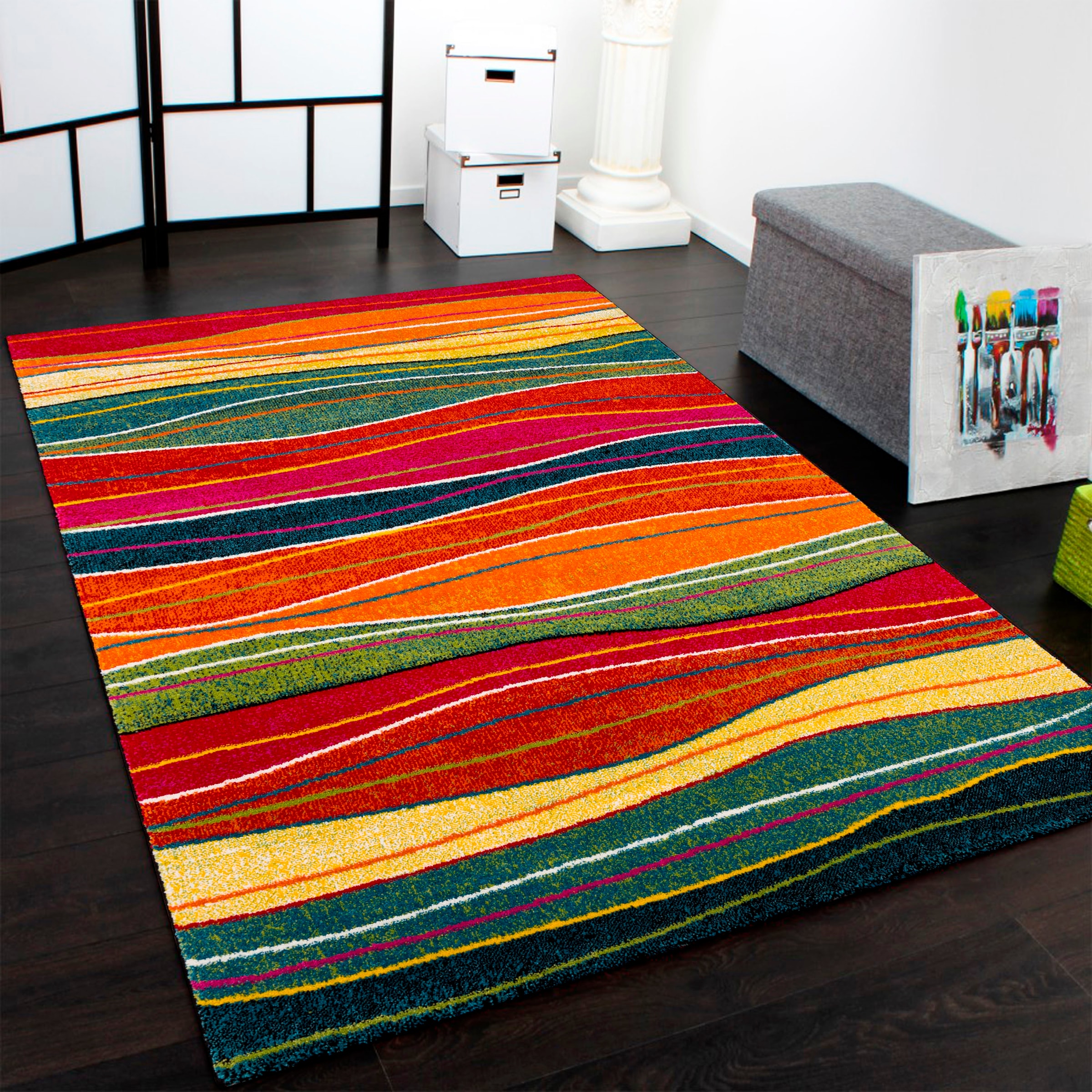 Paco Home Teppich »Canvas 773«, rechteckig, 16 mm Höhe, Kurzflor, moderner Streifen, ideal im Wohnzimmer & Schlafzimmer