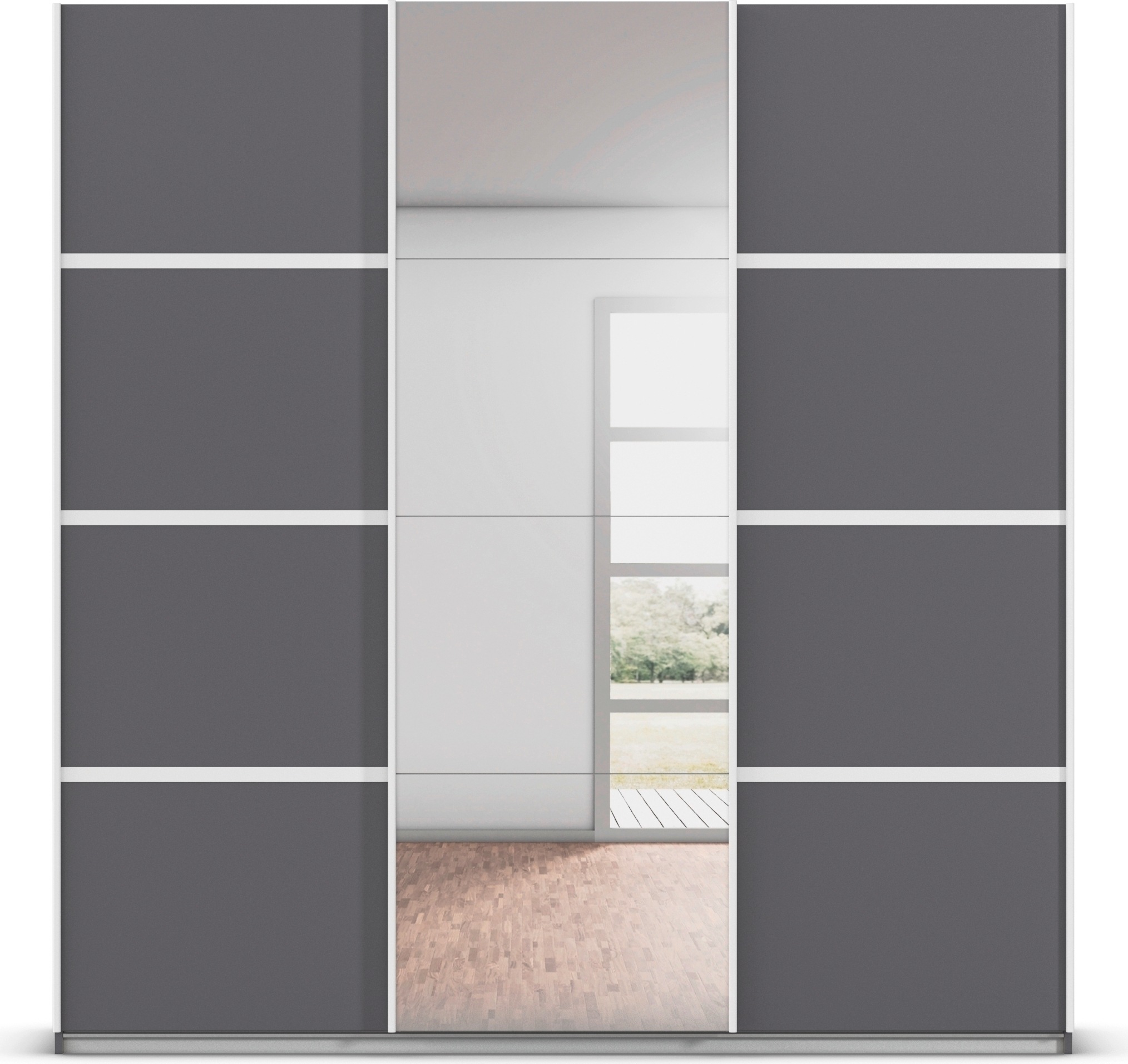rauch Kleiderschrank »Schwebetürenschrank OTTO´s Choice Garderobe Schrank TOP ANGEBOT Avola«, (in 3 verschiedenen Ausstattungen BASIC/CLASSIC/PREMIUM inkl. Spiegel), mit eleganten Zierleisten in Chrom, Schwarz oder Weiß MADE IN GERMANY