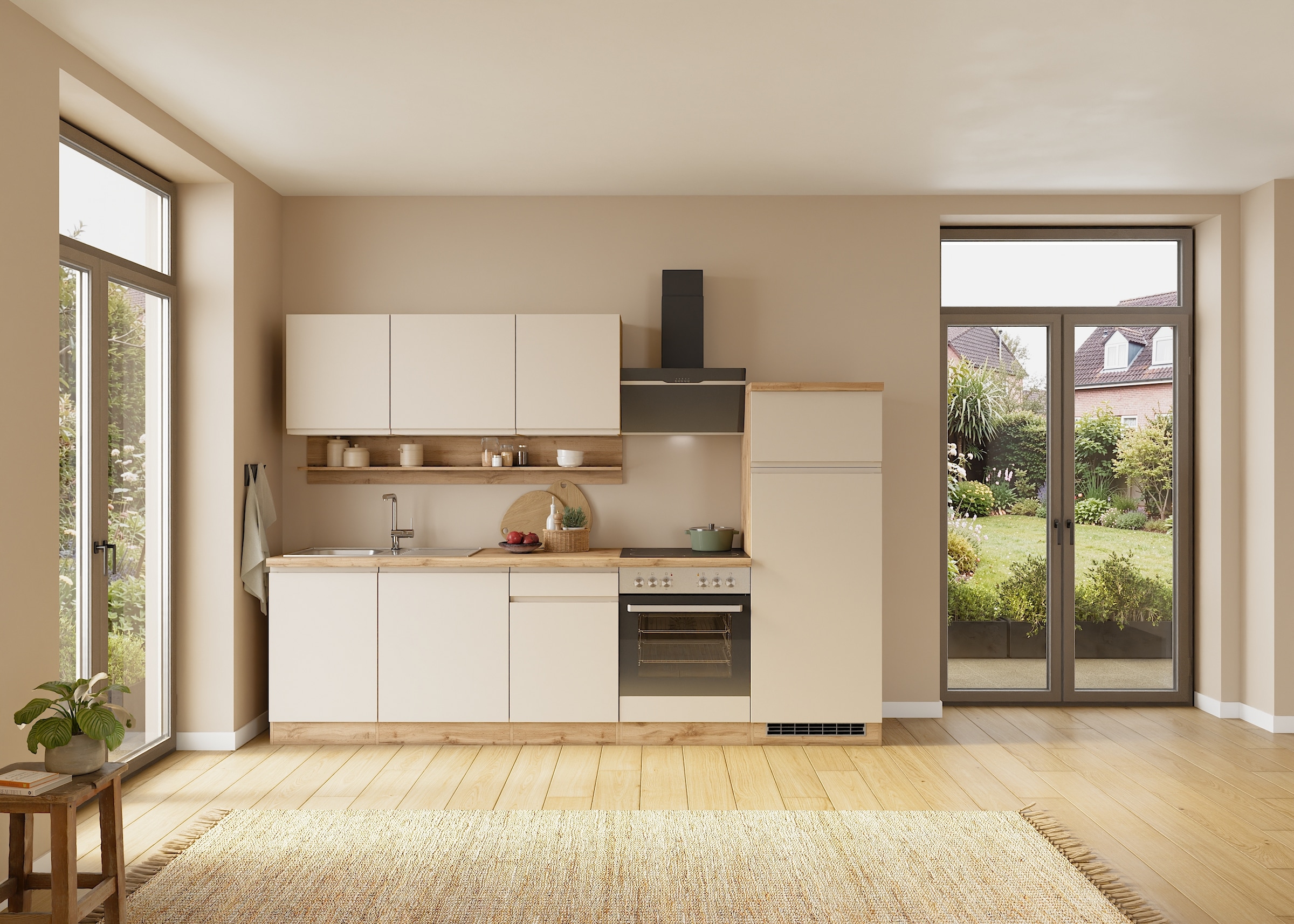 KOCHSTATION Küchenzeile »KS-Virginia,neu in verbesserter Ausführung« Arbeitsplatte 38 mm stark, Stauraum, Softclose,  Breite 280 cm, Soft-Close, wahlweise mit E-Geräten