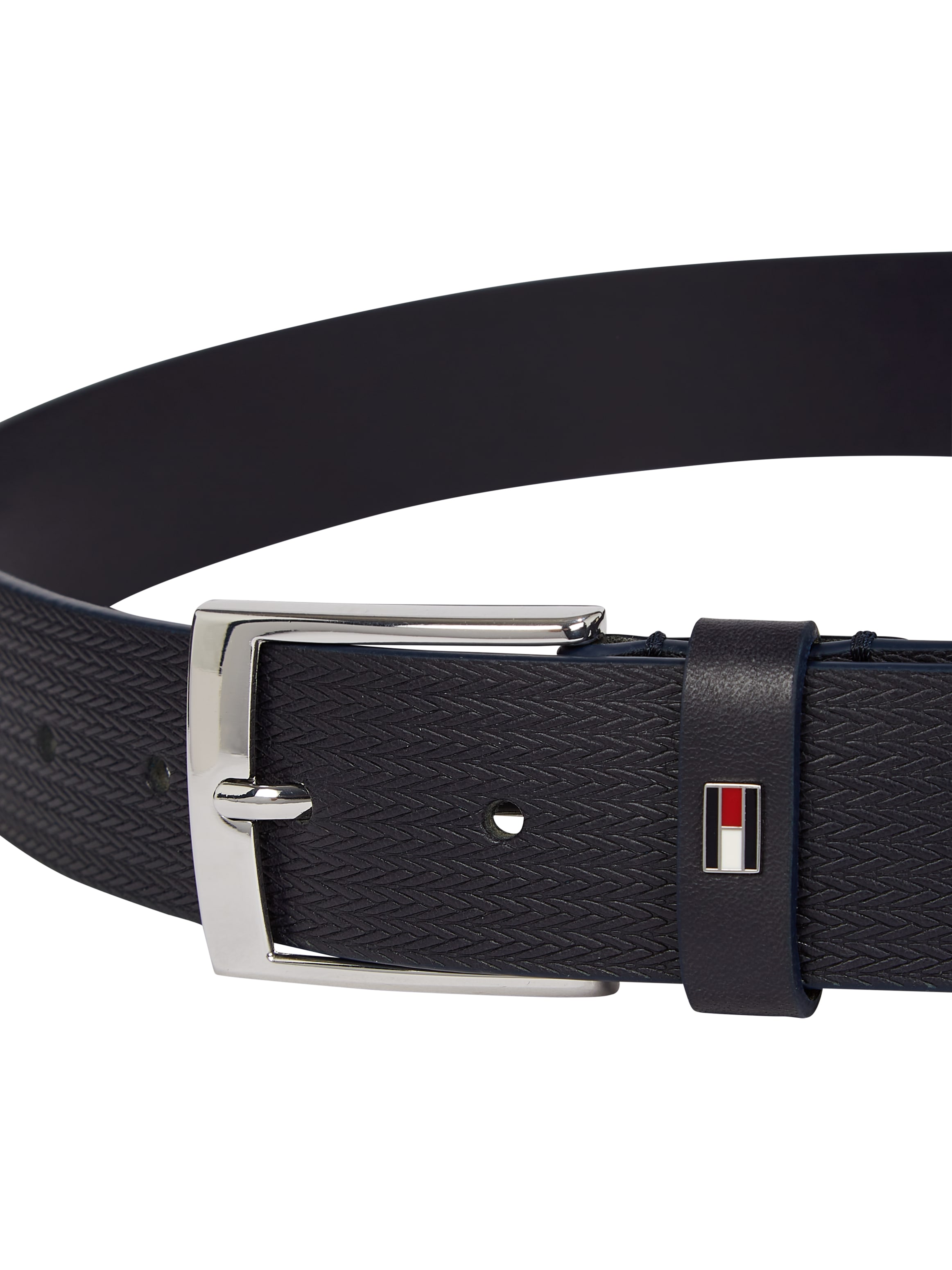Tommy Hilfiger Ledergürtel »ADAN HERRINGBONE 3.5«, Einfachdornschließe, Metallpatch