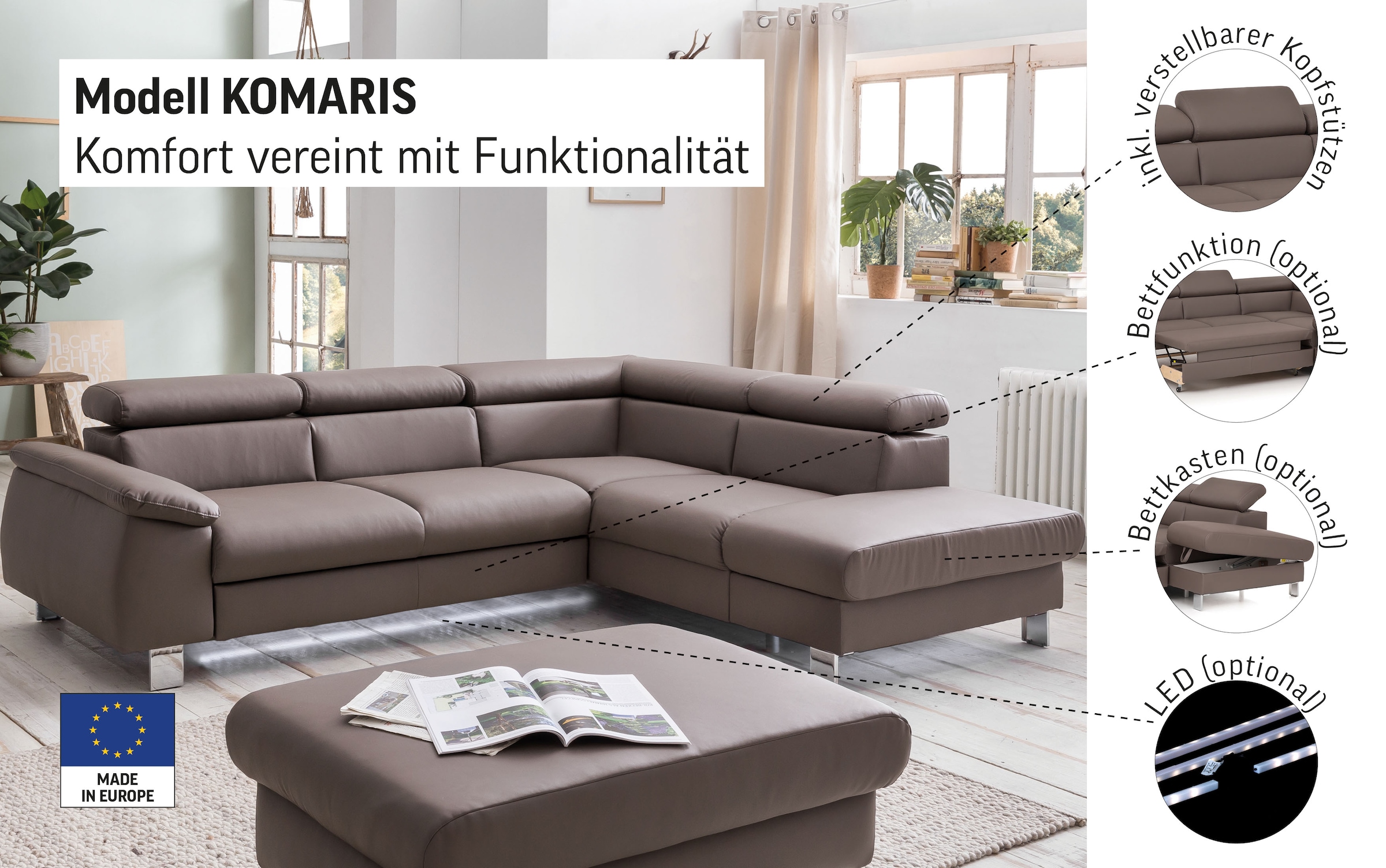 COTTA Ecksofa »Komaris L-Form mit Kopfteilverstellung«, wahlweise mit Bettfunktion, Bettkasten & Beleuchtung