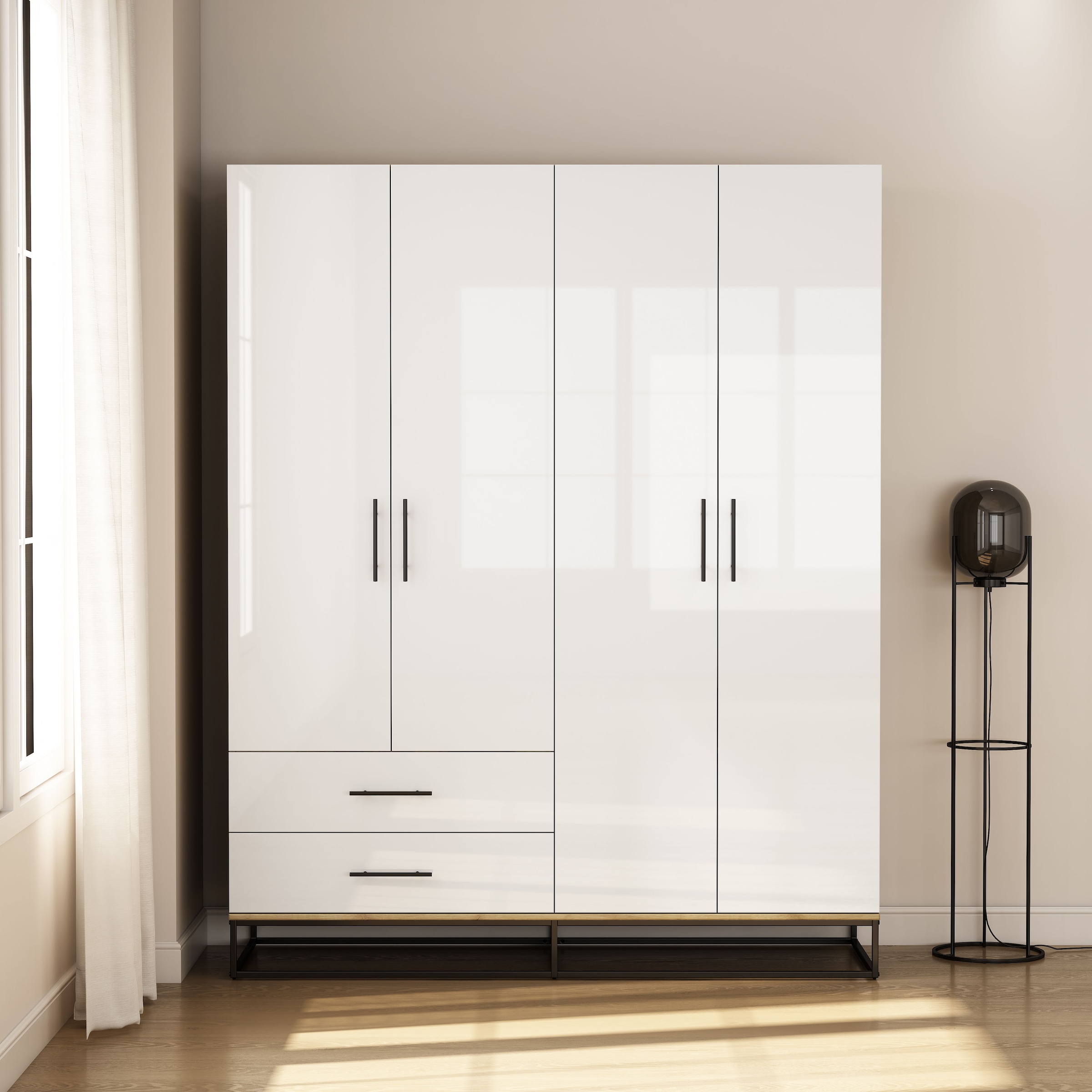 OTTO home Kleiderschrank »Lucca Schlafzimmerschrank Garderobe Hochglanz Bestseller« Schwarze Griffe und Kufengestell aus Metall,  Schlafzimmerschrank mit 4 Türen und 2 Schubladen, Breite 160cm