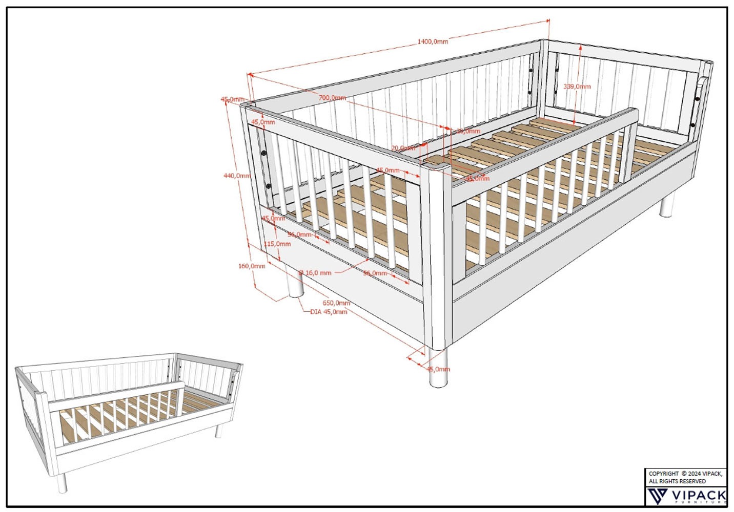 Vipack Kinderbett »Forrest Juniorbett 70/140 cm, mit Sprossen, Buche massiv«, (B/H/T ca.: 144x60x74 cm, mit Lattenrost, weiß lackiert), vorne mit Absturzschutz u. niedriger Betteinstieg