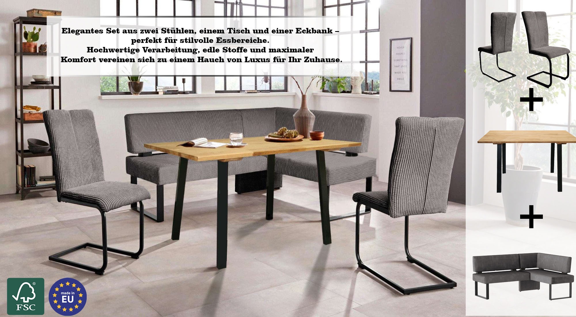 Home affaire Eckbankgruppe »Oliver« Set, 4-tlg, 4 Stk. tlg. Eckbank mit Wellenunterfederung im Sitz, Tisch Massiv Eiche