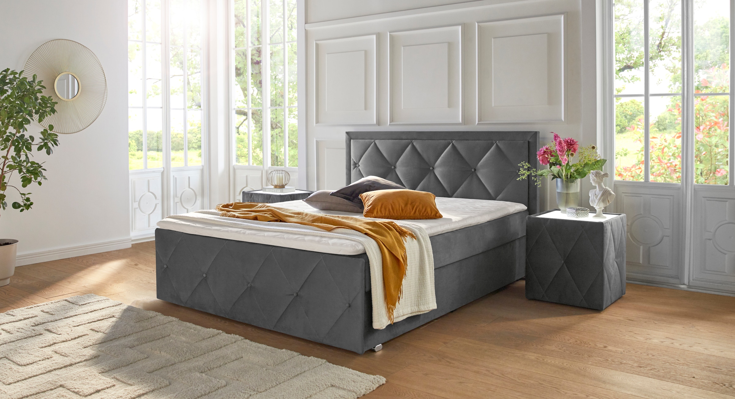 Leonique Boxbett »Alfie, Topseller! Inkl. Bettkasten&Topper« Wahlweise mit Knopfsteppung oder Strasssteinen, H2, H3 und H4 wählbar