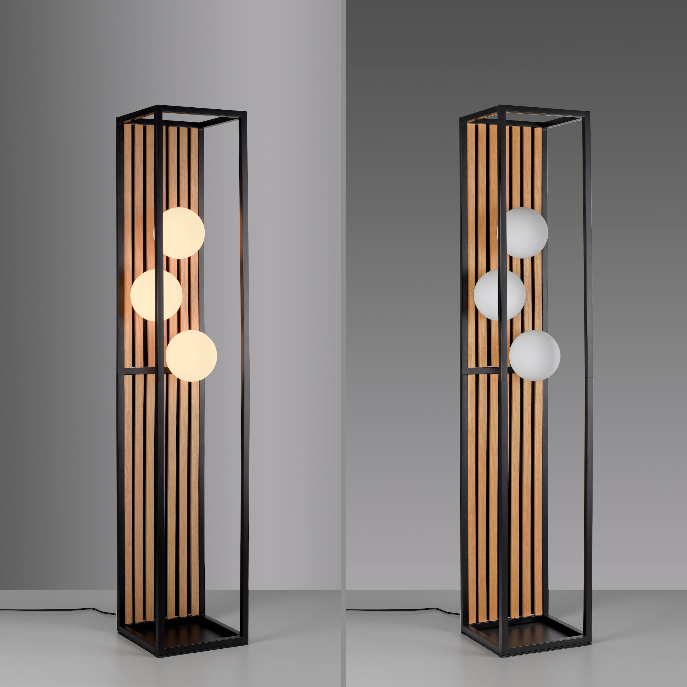 Leonique Stehlampe »Erinette Akustikpaneele mit Glaskugeln«, 3 flammig, Leuchtmittel E14 | ohne Leuchtmittel-Leuchtmittel wechselbar, Holz, Akustik, Paneele, Glas, opal matt weiß, Stehleuchte, Fußschalter