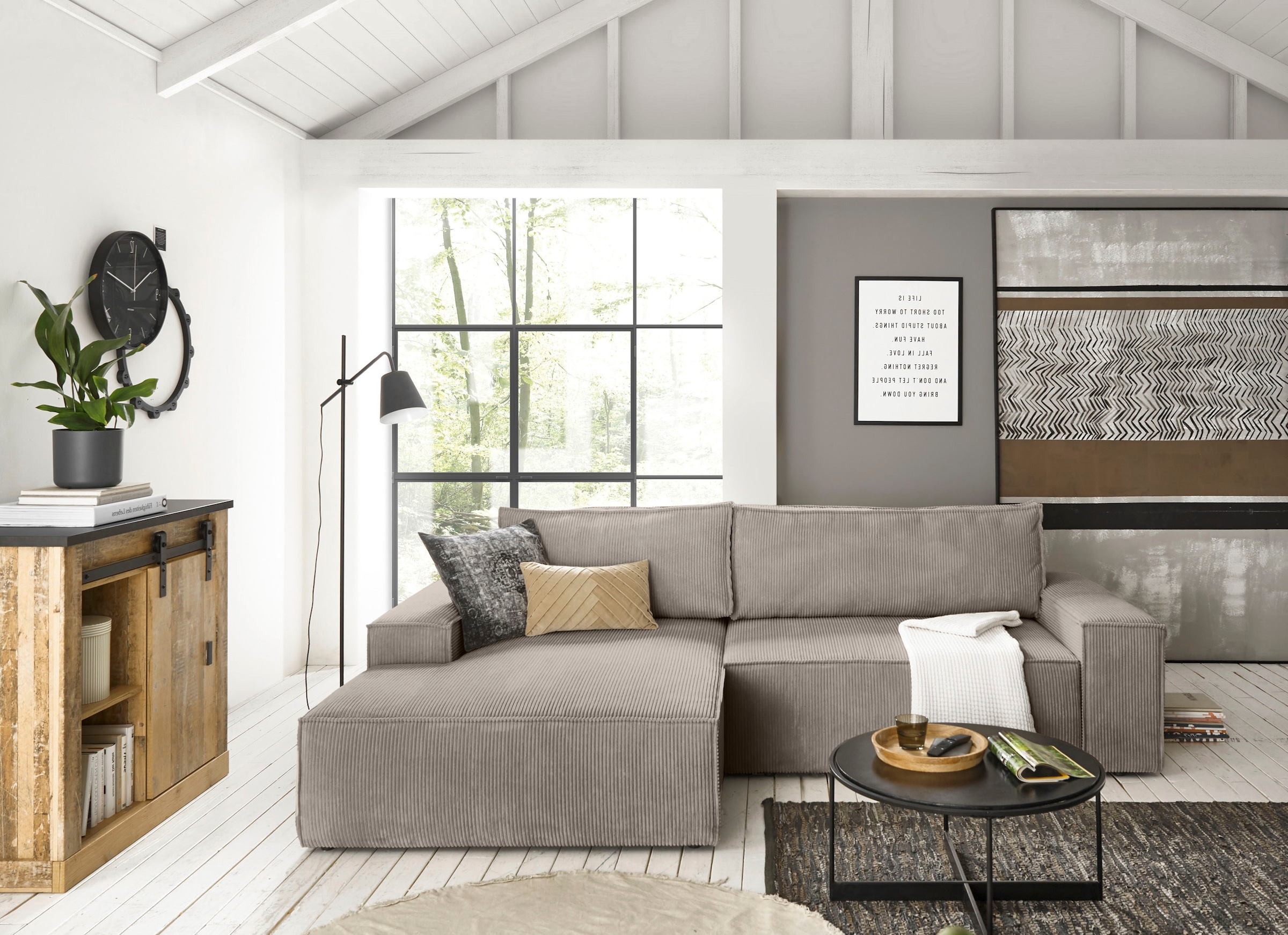 Home affaire Ecksofa »SHERWOOD Schlafsofa 267 cm, L-Form,«, Schlaffunktion mit Bettkasten (210x136 cm), Cord, Vintage, Samtvelours