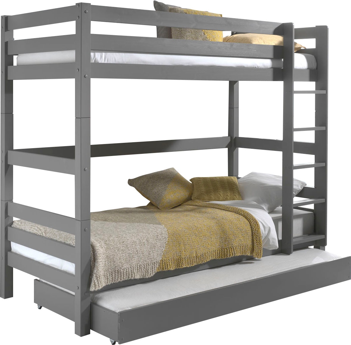 Vipack Etagenbett »Pino, inkl. Rolllattenrost, Leiter und Absturzschutz«, (B/H/T ca. 210x182x105cm, massiv Kiefer verschiedene Farben), wahlweise ohne Schublade, mit 1 großen, 2 kleinen Bettschubladen