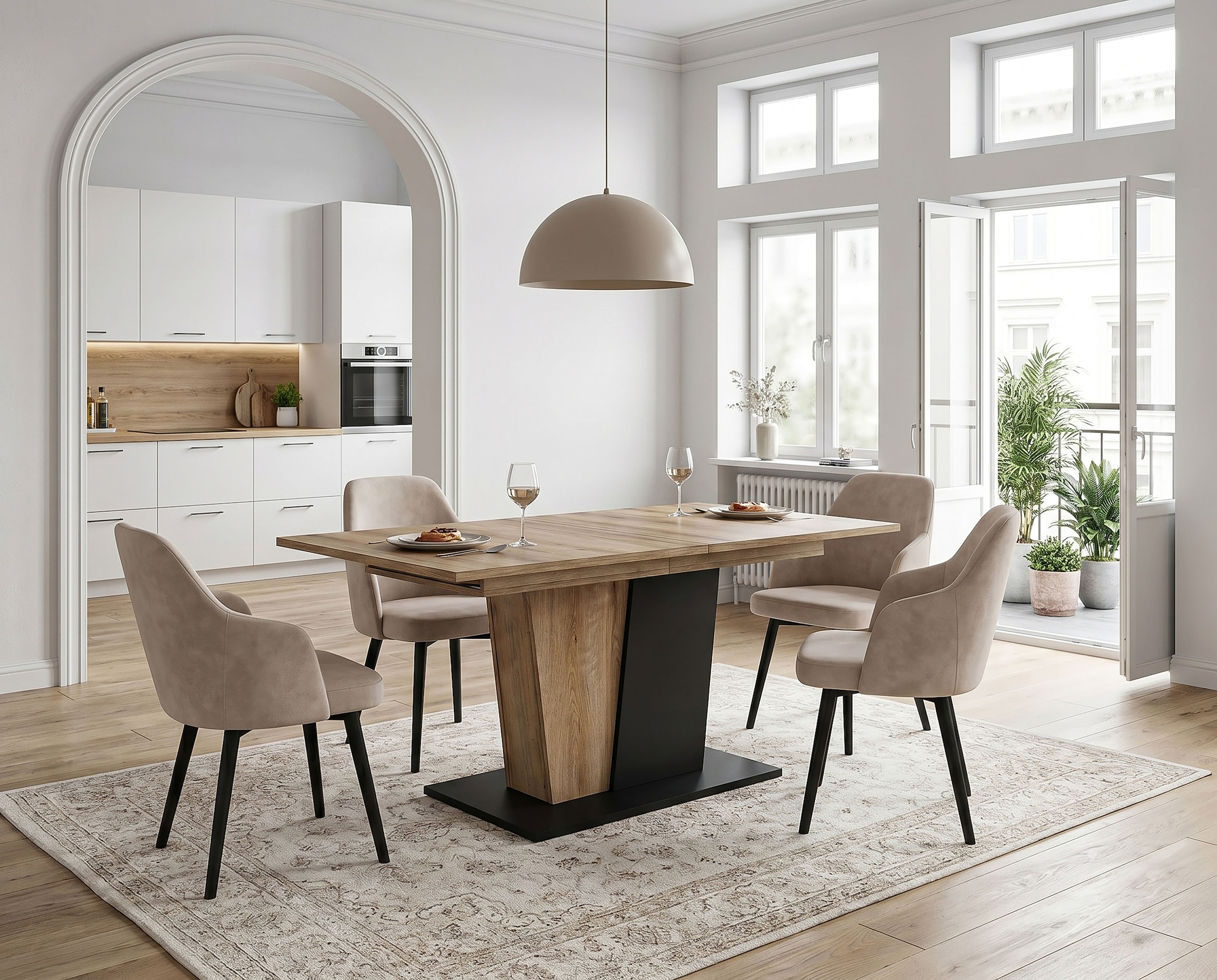 OTTO home Esstisch »MONOLITH, ausziehbar 150 -230 cm, inklusive 2x 40 cm Einlegeplatte« V-Gestell mit Bodenplatte, Tisch, Küchentisch, Esszimmer, Küche