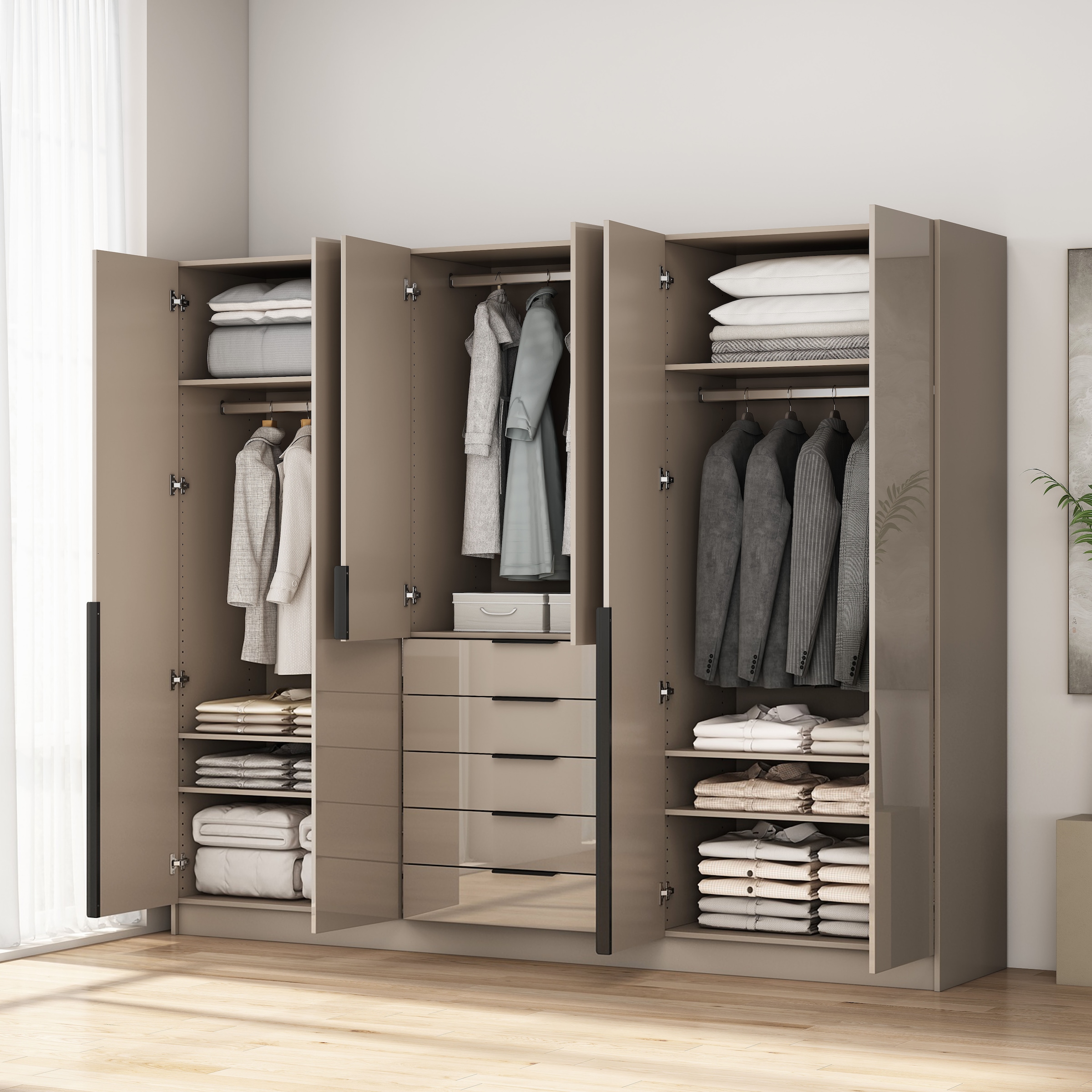 OTTO home Kleiderschrank »Annor Schlafzimmerschrank Breite 242cm hochglanz Schrank Garderobe« Drehtürenschrank mit perfekter Innenausstattung - elegante Türgriffe