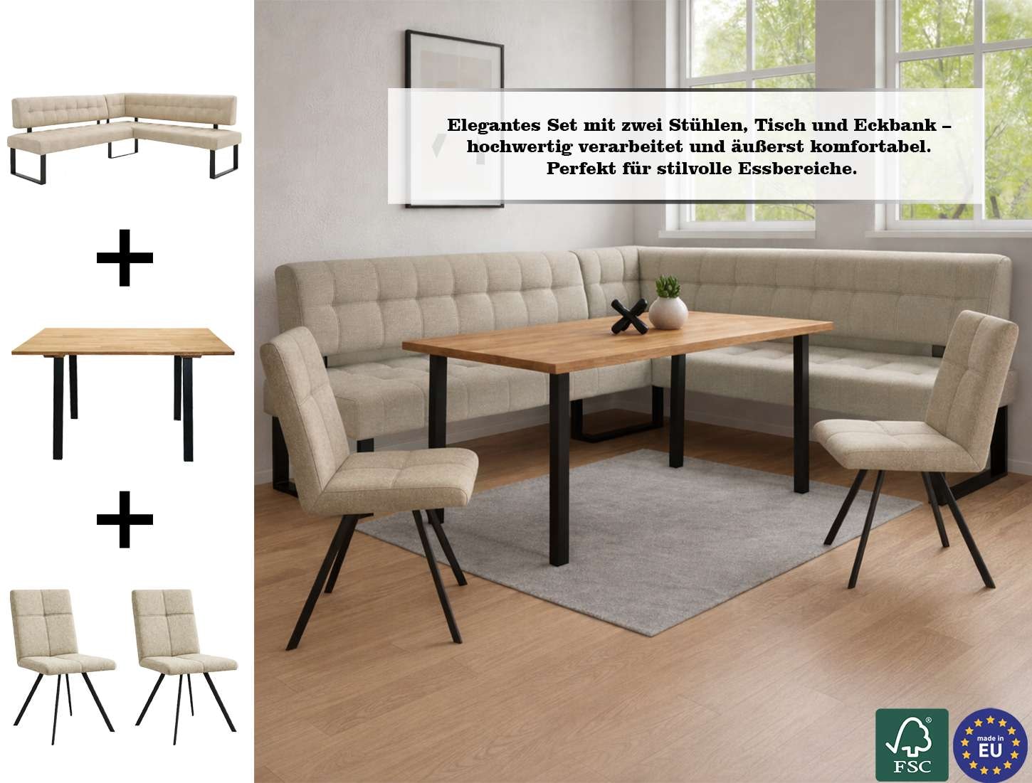 Home affaire Eckbankgruppe »Mia Essecke, Sitzgruppe, Eckbankgruppe, Küchenbankgruppe« Set, 4er, 4 tlg. Eckbank mit Wellenfederung; Tisch in Eiche massiv