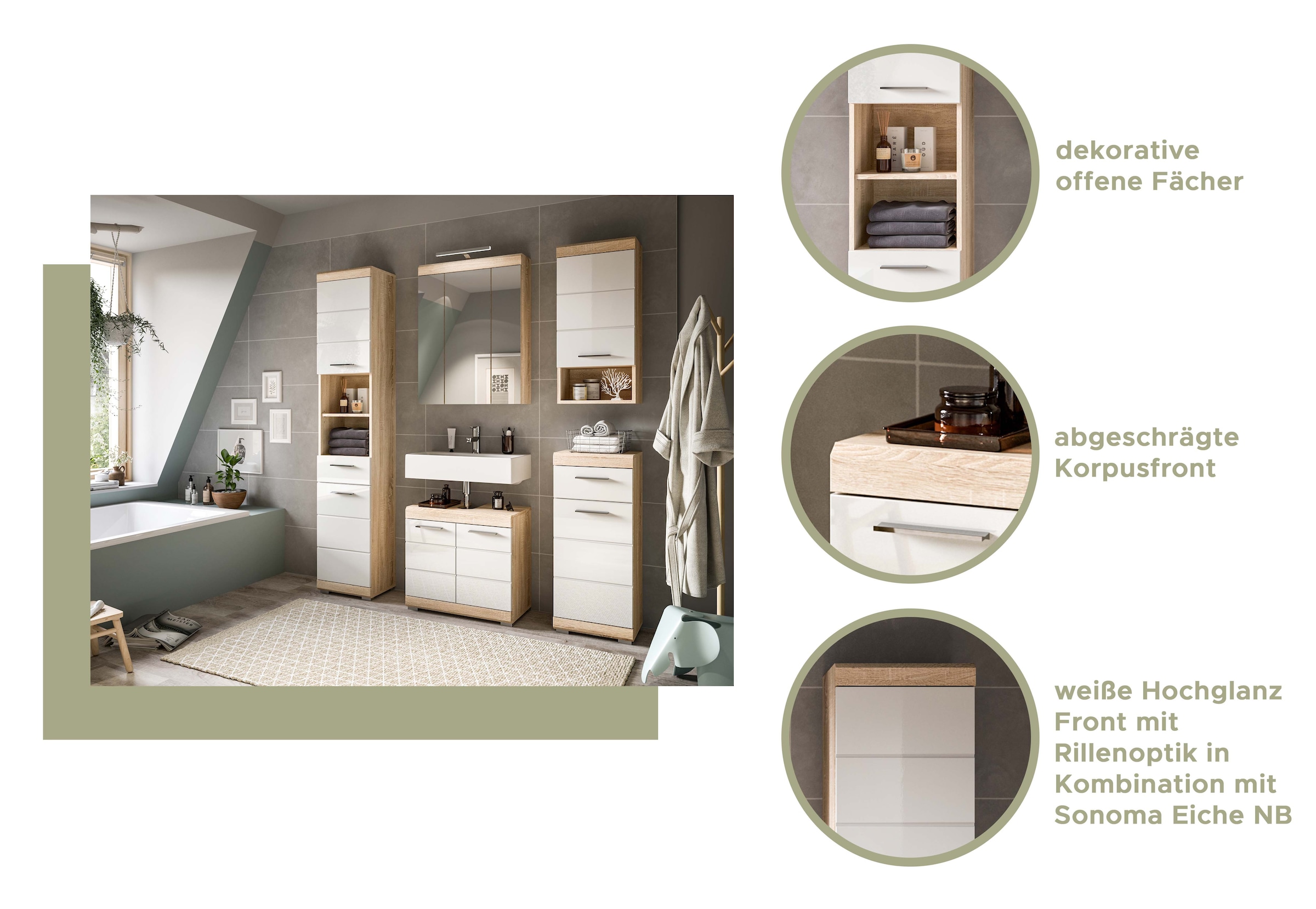 INOSIGN Hochschrank »Siena, Breite 74cm, 4 Türen, 1 Schubkasten, 2 offene Fächer, MDF-Front«, in verschiedenen Farben erhältlich, Badmöbel, Badschrank, Schrank, Bad