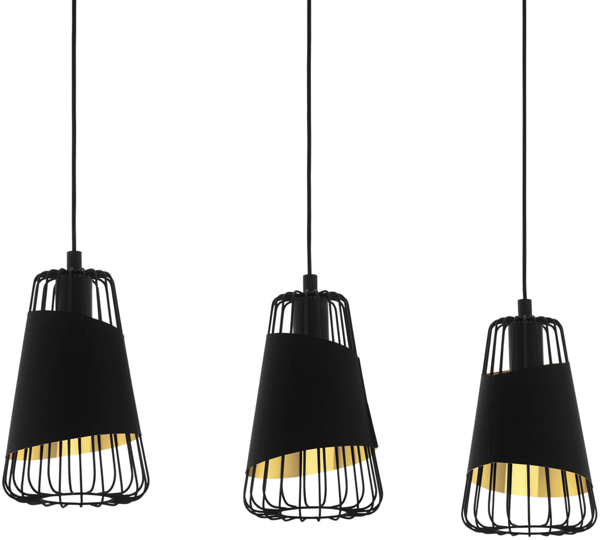 EGLO Hängeleuchte »AUSTELL Hängelampe, E27, IP20, Stahl und Textil, Esszimmerlampe, Lampe«, 3 flammig, Leuchtmittel E27   ohne Leuchtmittel, Pendellampe, L76,5 x B16,5 x H110 cm, schwarz, gold, 3X60W exkl.