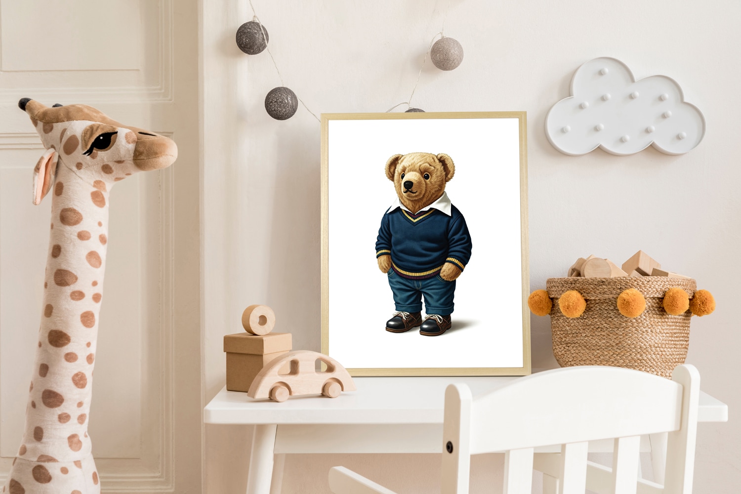 queence Bild mit Rahmen »Vintage Polo Teddy Bär in Pullover und Hemd« Bär | Bären | Fashion | Figuren | Mode | Modebilder HD Premium Poster-Druck inkl. Echtholzrahmen in beige