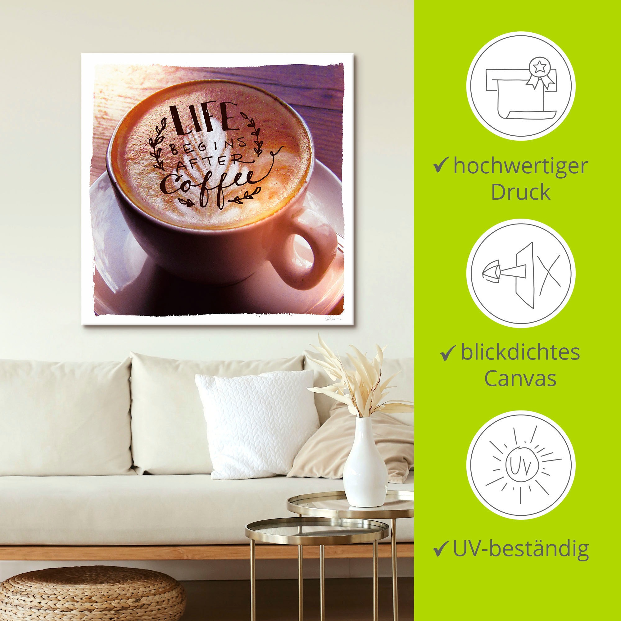 Artland Wandbild »Das Leben beginnt nach dem Kaffee«, Getränke, (1 St.), als Leinwandbild, Poster in verschied. Größen
