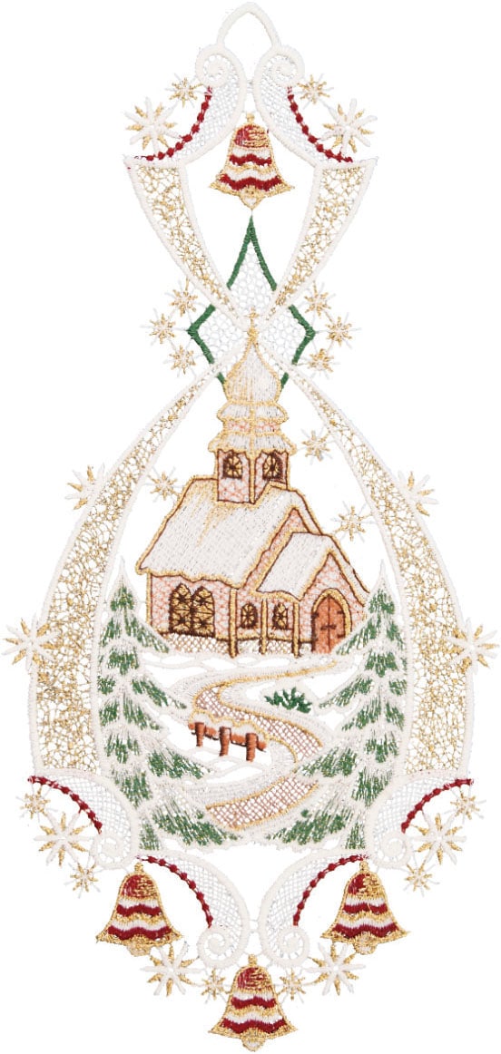 W. Reuter & Sohn - Plauener Spitze Fensterbild »Landschaft Kirche« Made in Germany in bunt, Größe B/L: 17 cm x 36 cm