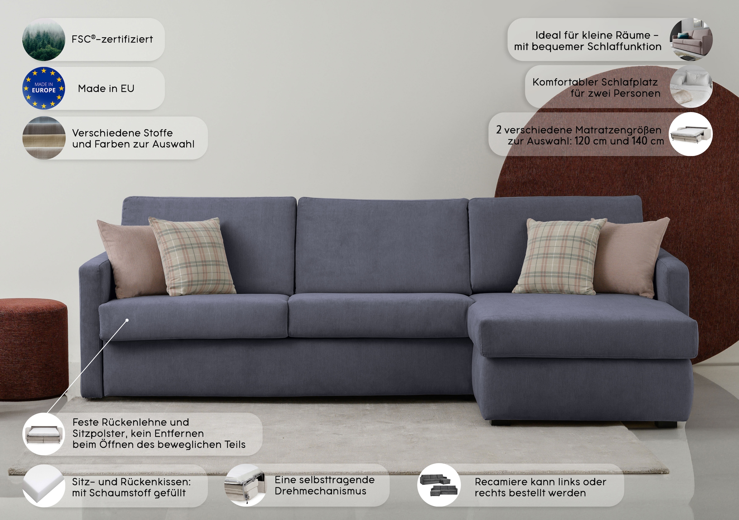 Places of Style Schlafsofa »GOLDPOINT Ecksofa 264 cm, Liegefläche (140/200cm), L-Form,«, Bettfunktion, Bonell-Federkernmatratze und Dauerschläfer-Funktion