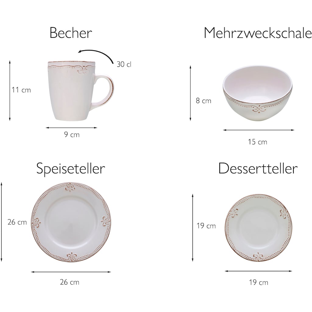 CreaTable Kombiservice »Geschirr-Set, Service Romantic Vintage«, (Set, 16 tlg., Kaffeeservice und Tafelservice im Set, für 4 Personen)