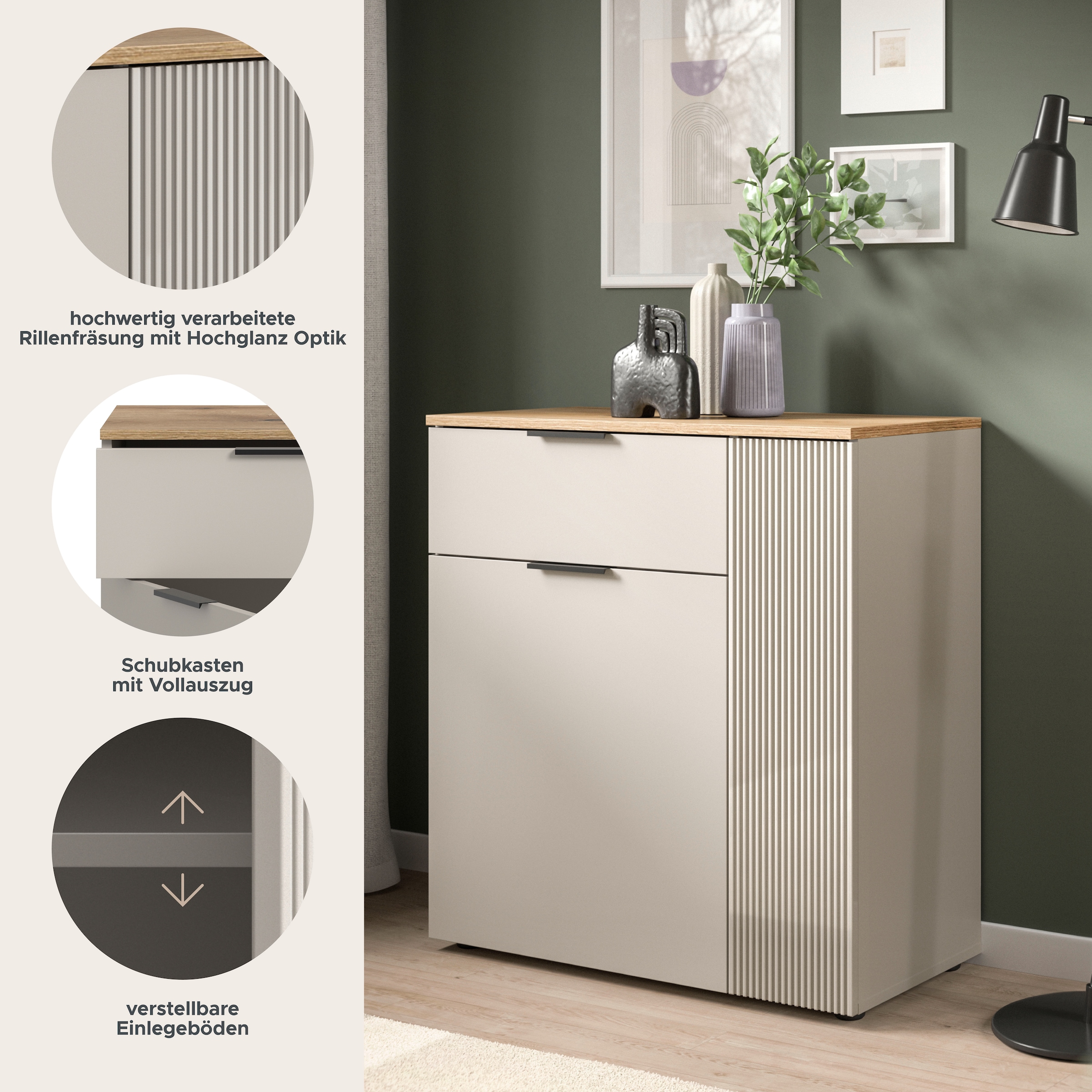 Home affaire Kommode »EDIL, Breite 80 cm, 2 Türen, 1 Schubkasten, 1 Einlegeboden, 3 Fächer« Garderobenschrank, Schuhschrank, Schuhkommode, Sideboard, Anrichte