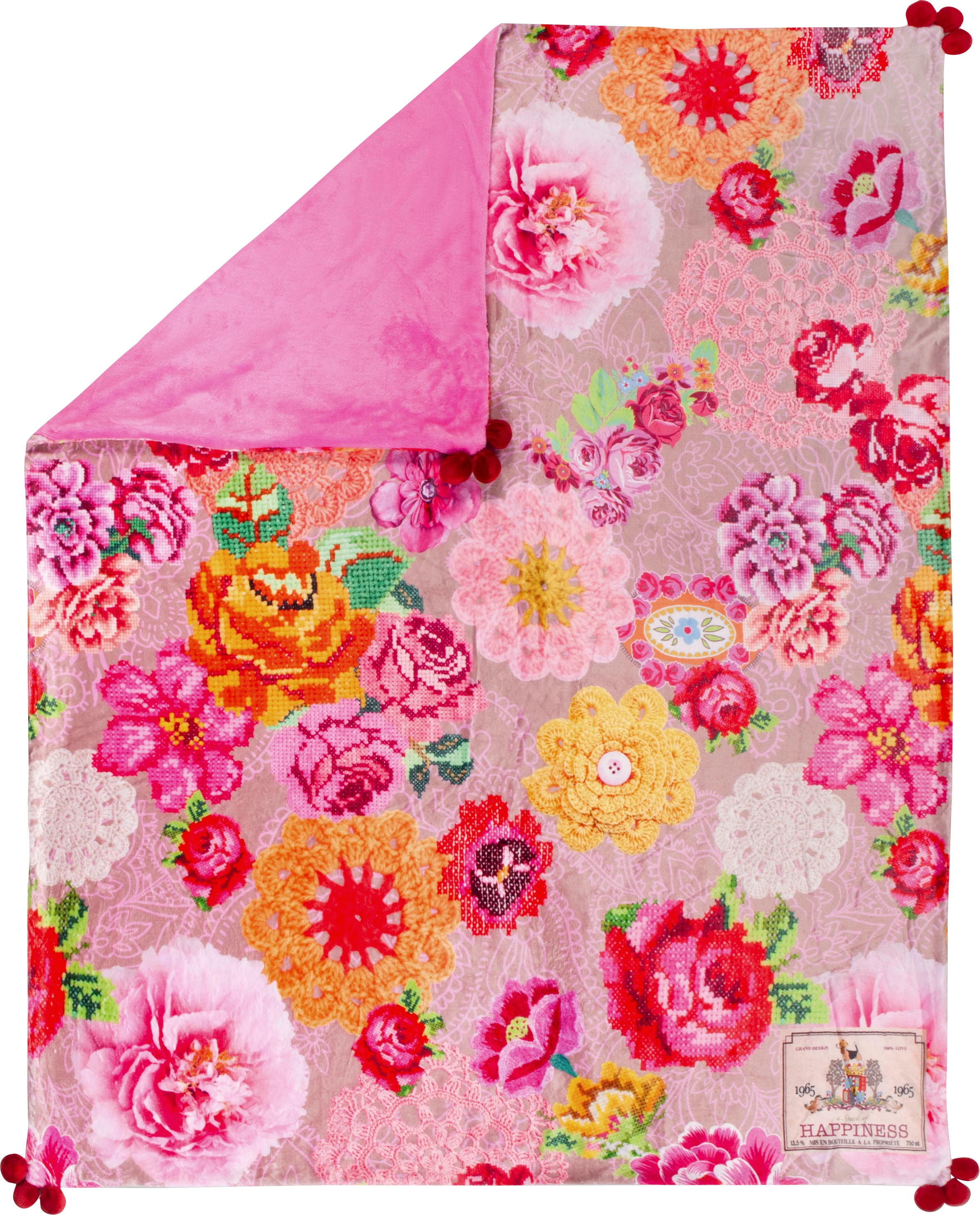 Happiness Plaid »Woodstock«, Weich, Kuscheldecke, 130x160 cm, Wendeoptik, Mit Pompoms, Blumen, Sand