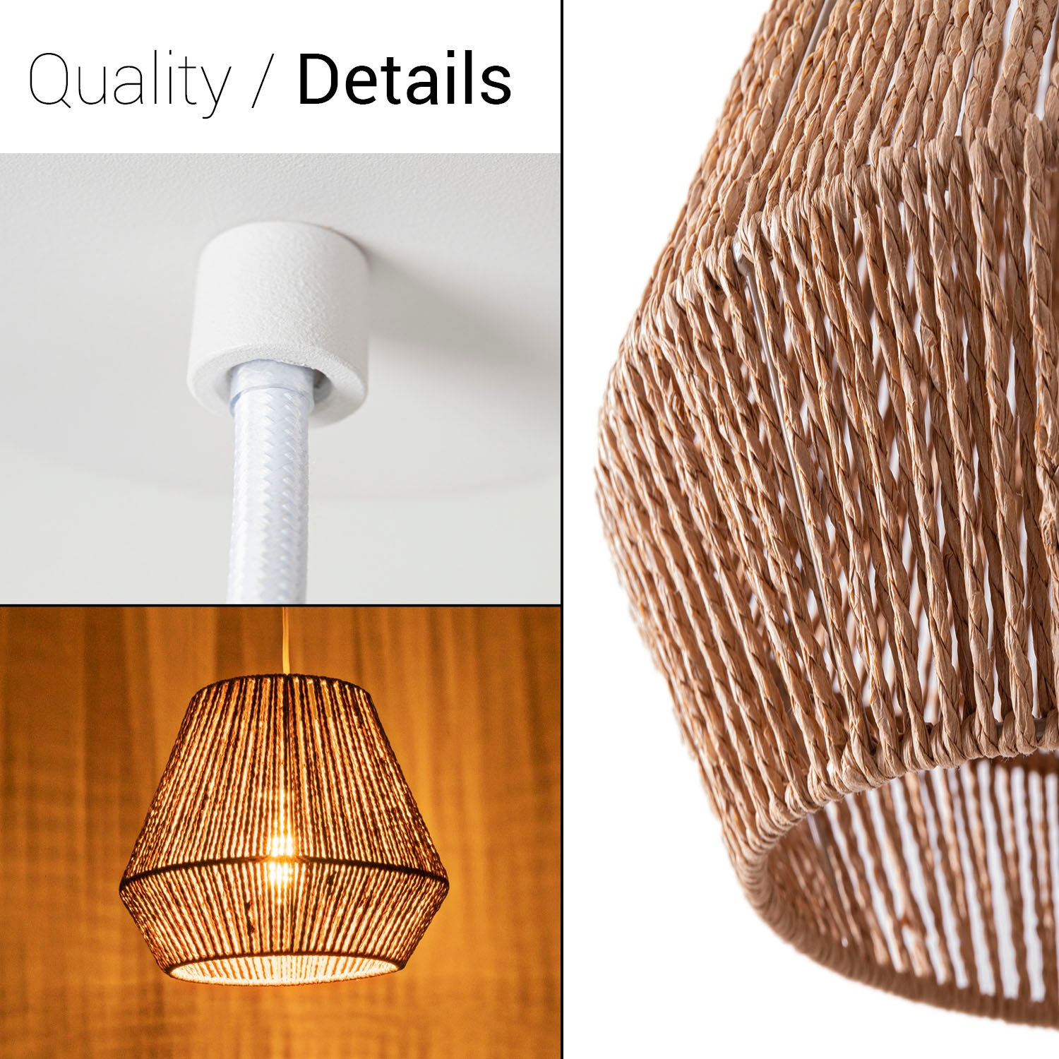 Paco Home Pendelleuchte »Hugo Diego«, Leuchtmittel E27 | ohne Leuchtmittel, Wohnzimmer Esszimmer Rattan Optik Boho Lampenschirm Papier