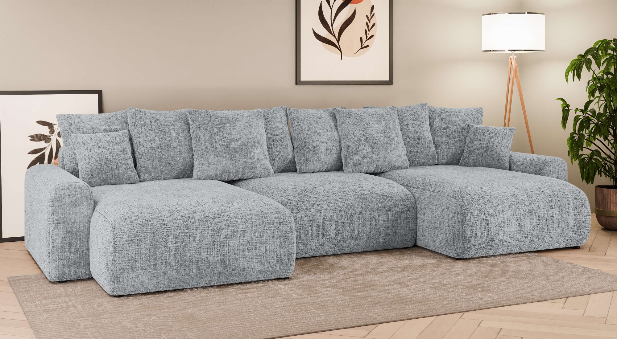 Home affaire Wohnlandschaft »LAKESIDE mit Bettfunktion und Bettkasten, Maße B/T/H: 332,5/142/84 cm«, U‑Form mit vielen Kissen und Wellenunterfederung