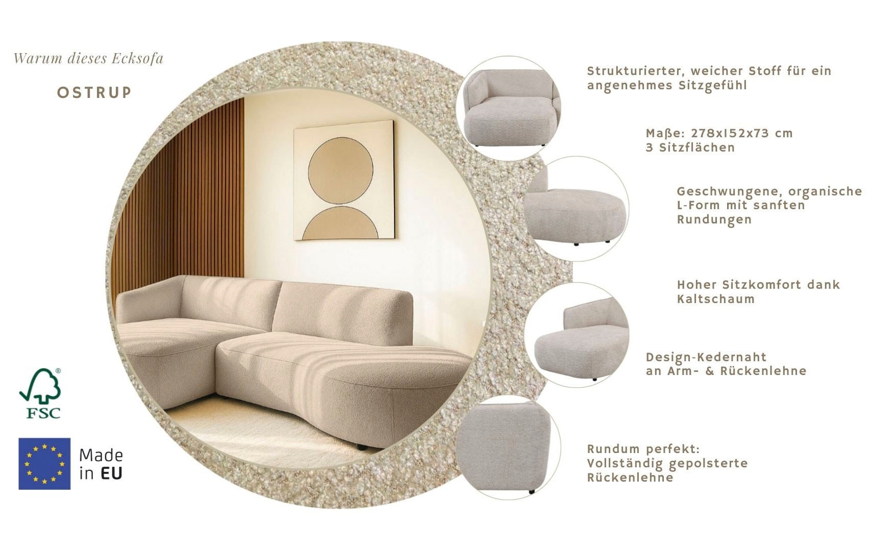 Home affaire Ecksofa »OSTRUP Rundsofa, L-Form, Naturtöne, Boucle« Breite 278 cm, organische Form mit sanften Rundungen