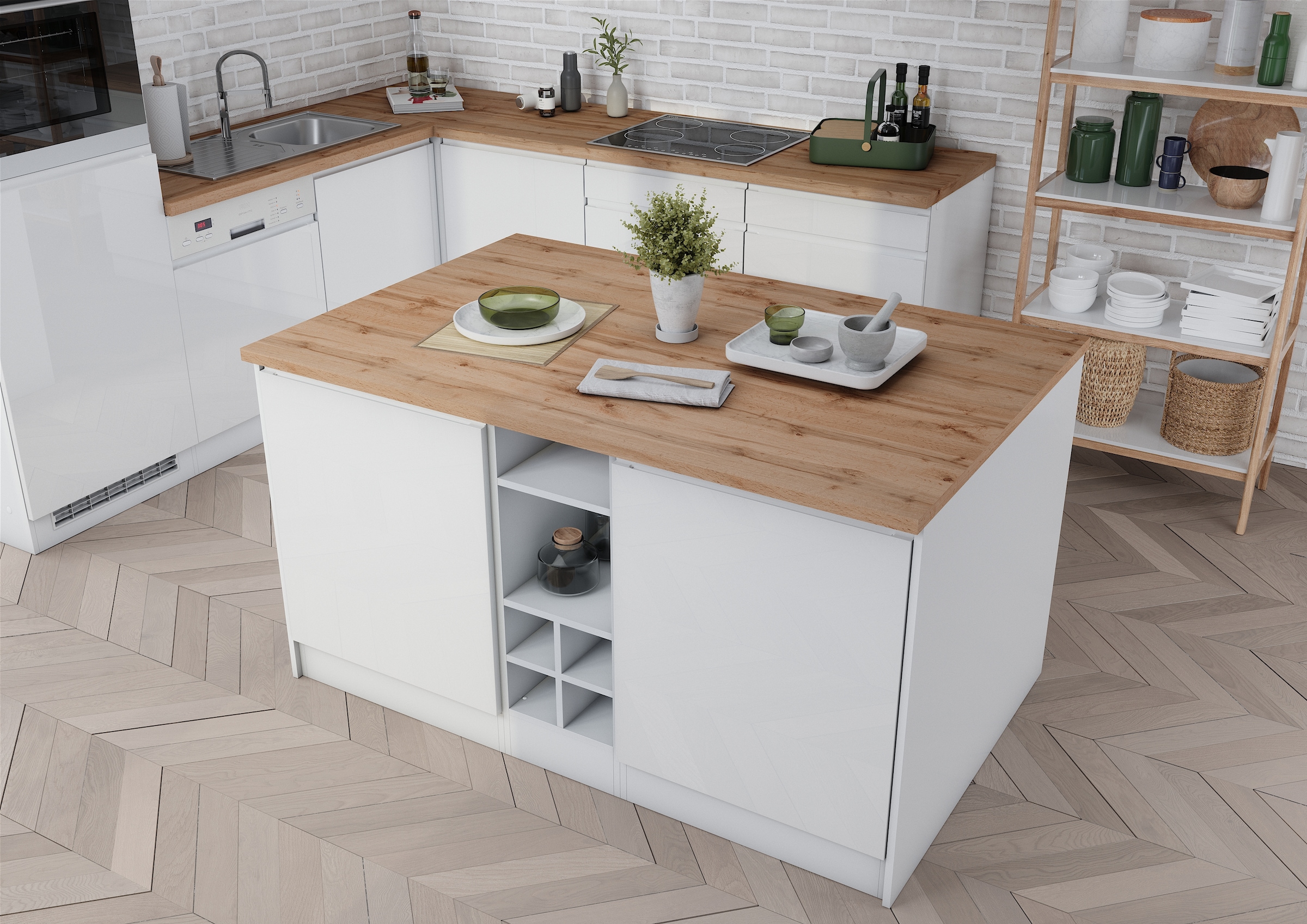 KOCHSTATION Kücheninsel »KS-Virginia«, Breite 153 cm, MDF-Fronten, Flaschenregal