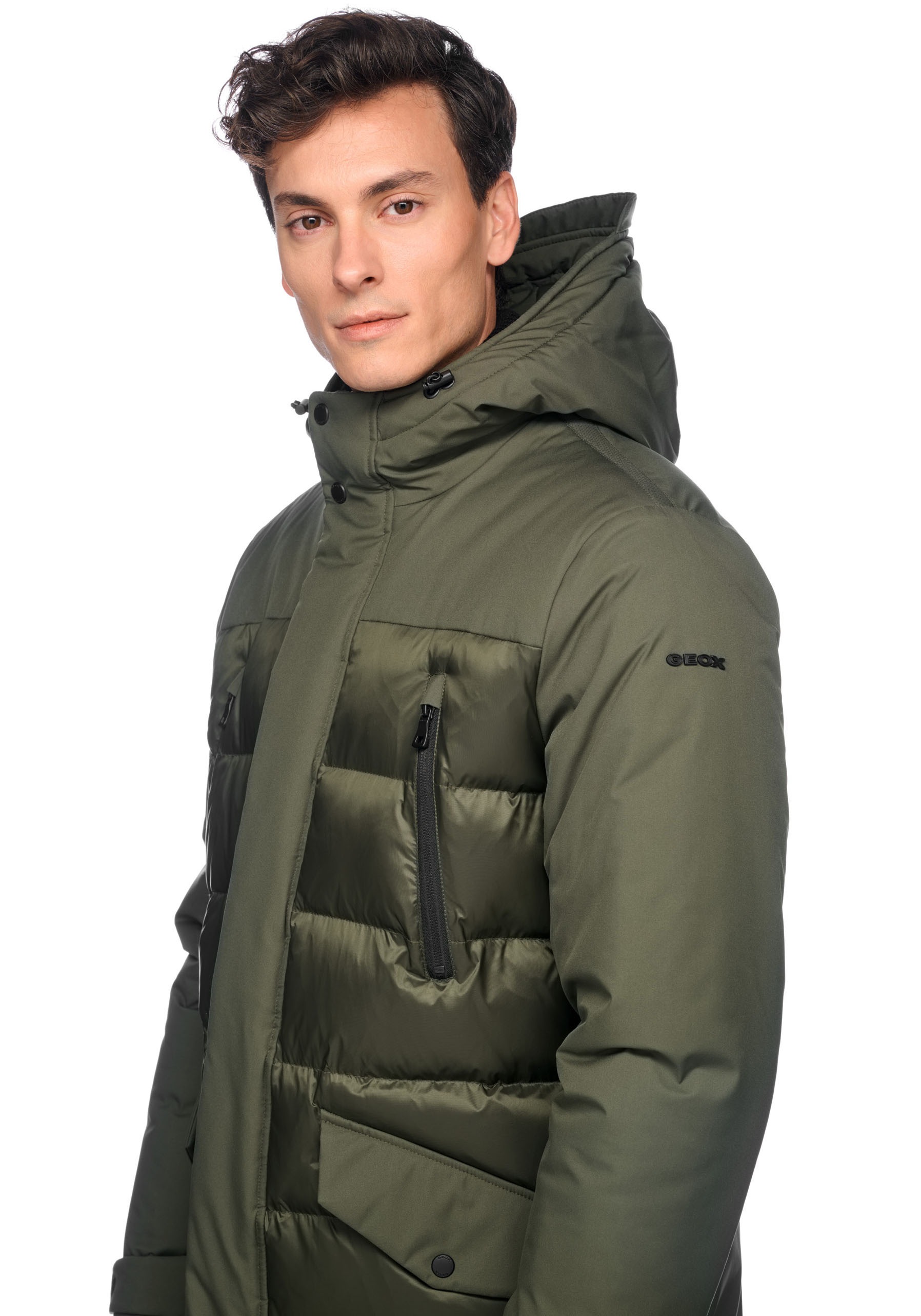 Geox Langjacke »SAPIENZA«, mit Kapuze, im Materialmix, 4 Taschen, Kapuze, verdeckter Reißverschluss