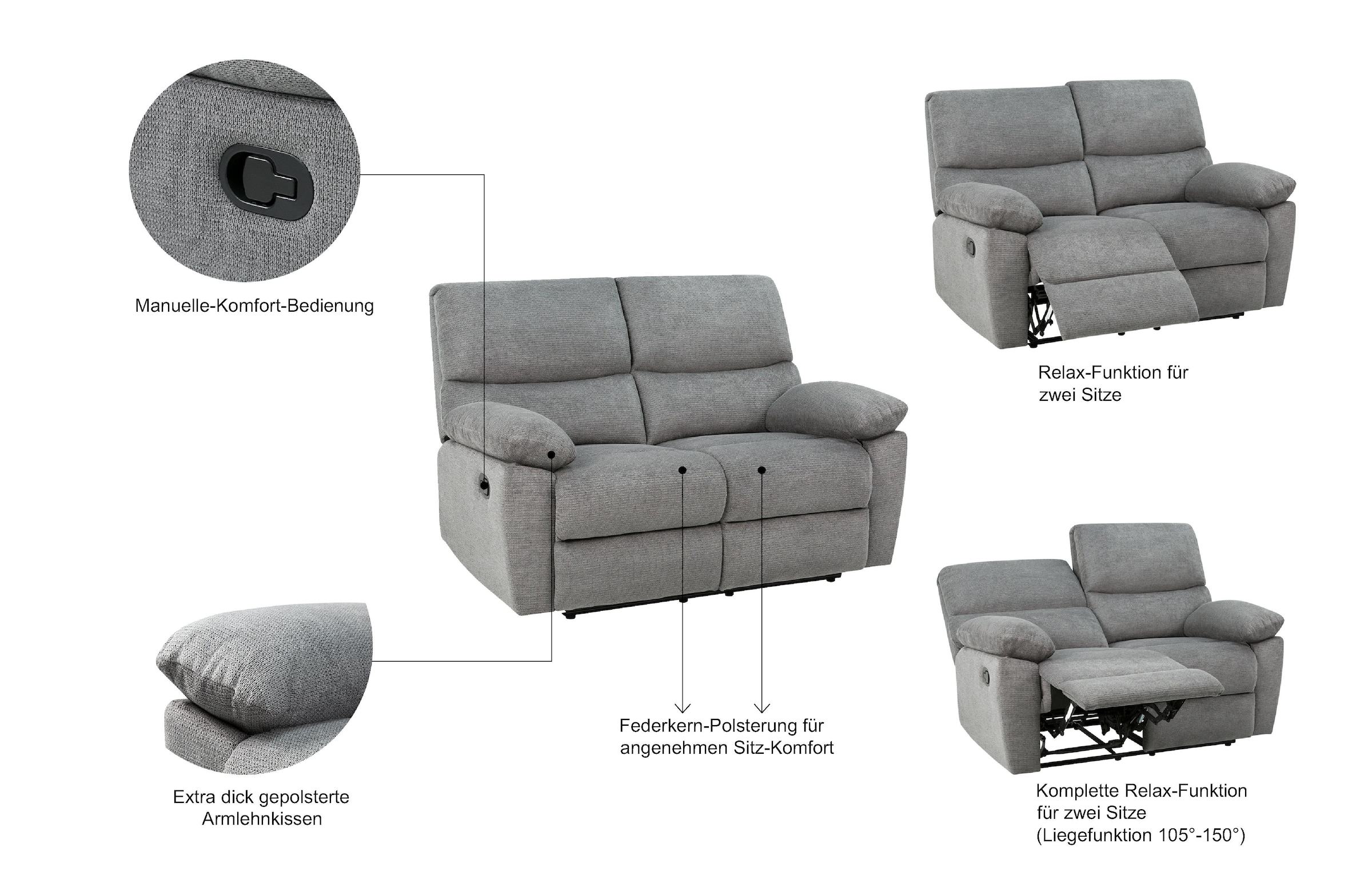 Home affaire 2-Sitzer »LANNOY, mit manueller o. elektrischer Relaxfunktion in beiden Sitzen.« Elektrische Variante mit USB A/C. Federkern, Webstoff