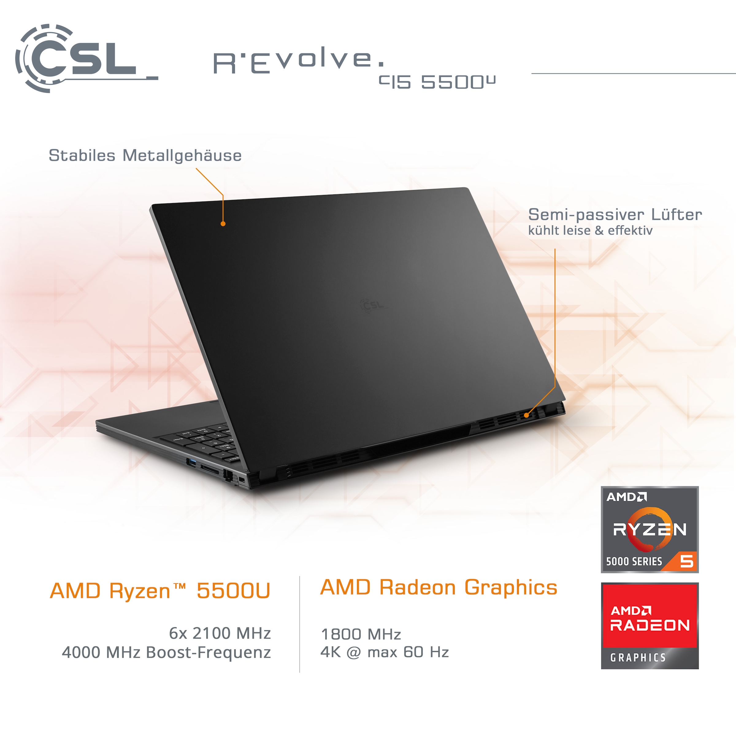 CSL Notebook »R'Evolve C15 5500U / 32GB / 4000GB / Windows 11 Home«, 39,6 cm, / 15,6 Zoll, AMD, Ryzen 5, Radeon Graphics, 4000 GB SSD