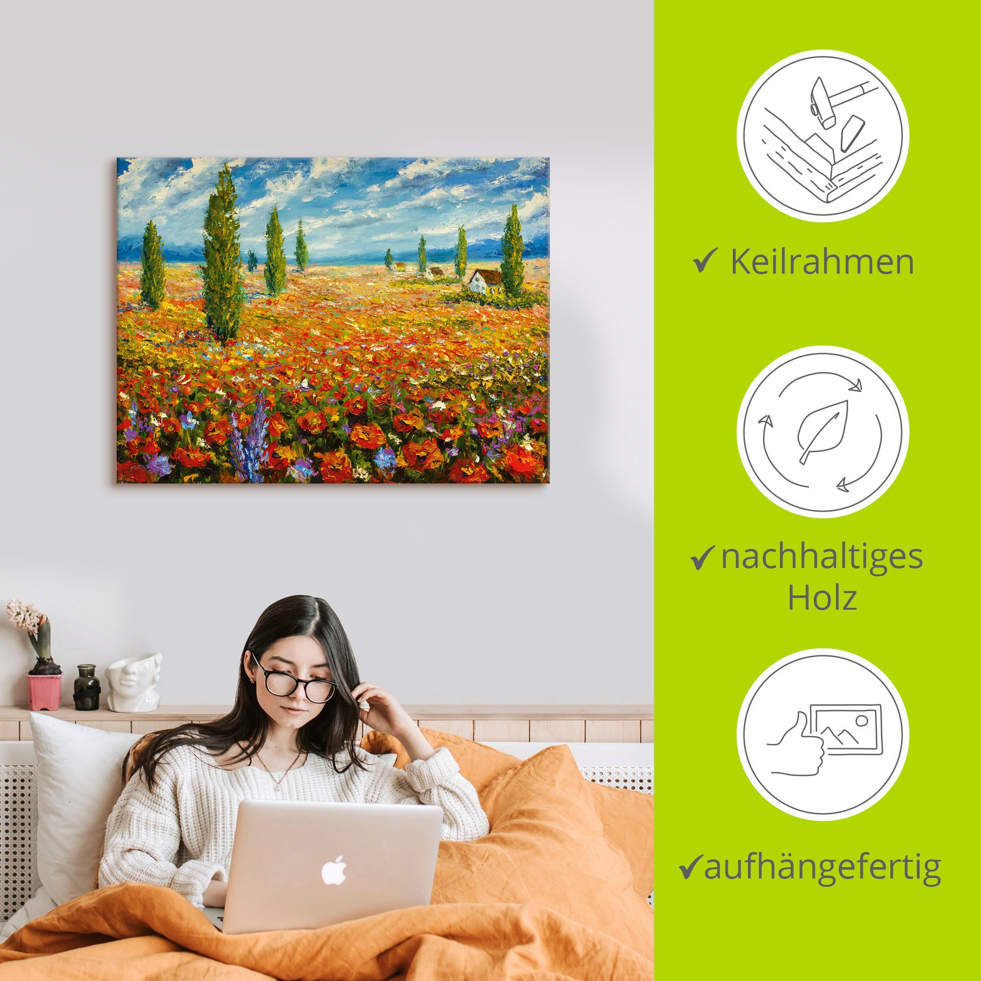 Artland Leinwandbild »Mohnblumenwiese«, Blumenwiese, (1 St.), auf Keilrahmen gespannt