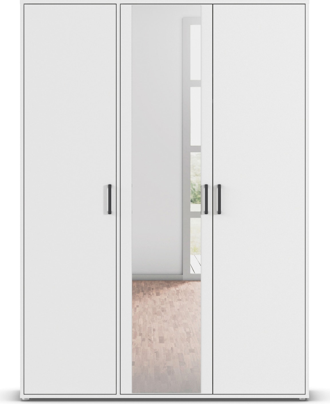 rauch Drehtürenschrank »Kleiderschrank Schrank Garderobe Wäscheschrank VOYAGER«, (in 3 verschiedenen Ausstattungen BASIC/CLASSIC/PREMIUM), mit modernen Griffen in Graumetallic und Spiegel