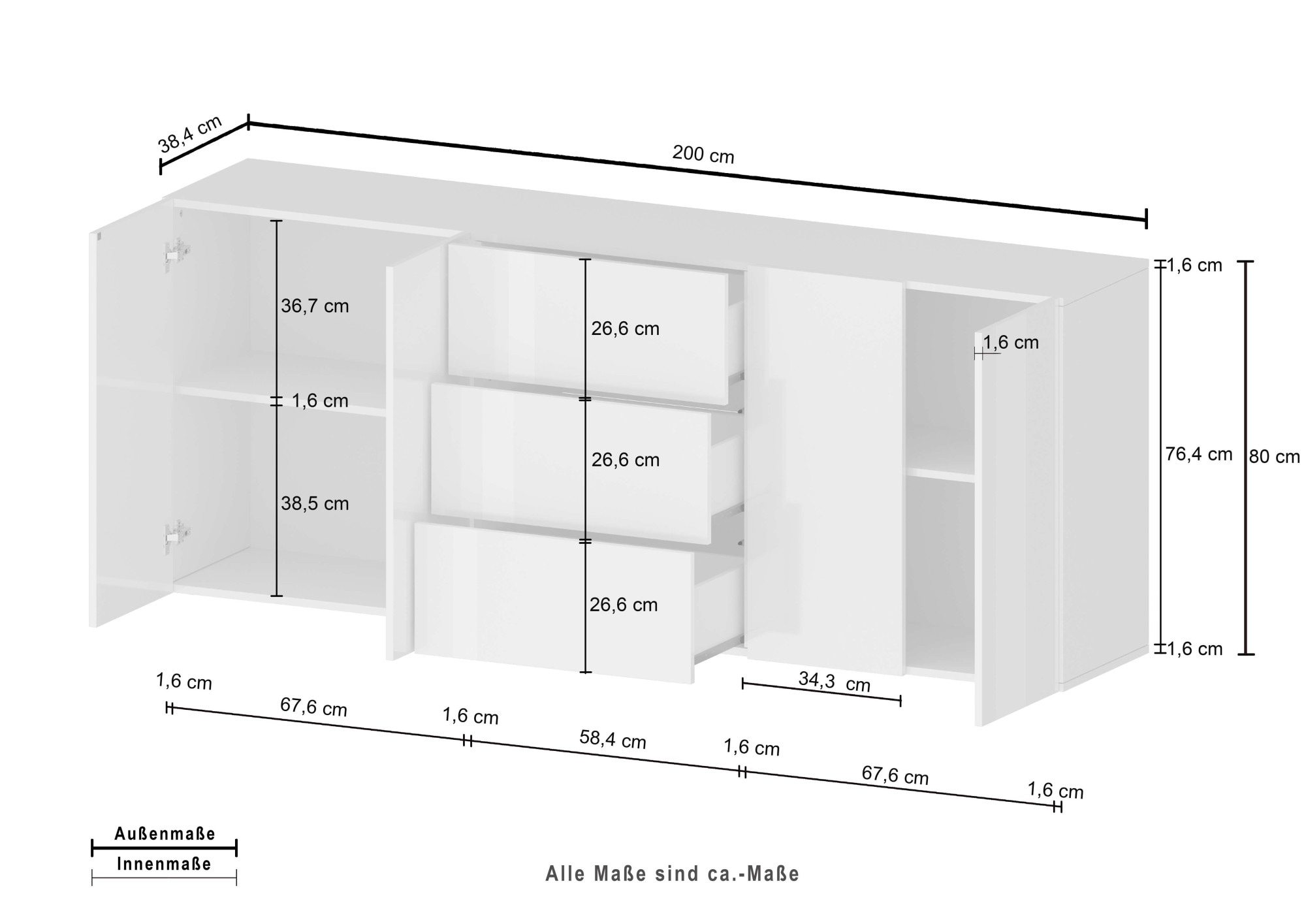 INOSIGN Sideboard »Egypt, Kommode, Schrank, Kredenz, grifflos«, 4 Türen, 3 Schubkästen mit Push-To-Open Funktion, Hochglanz Breite 200