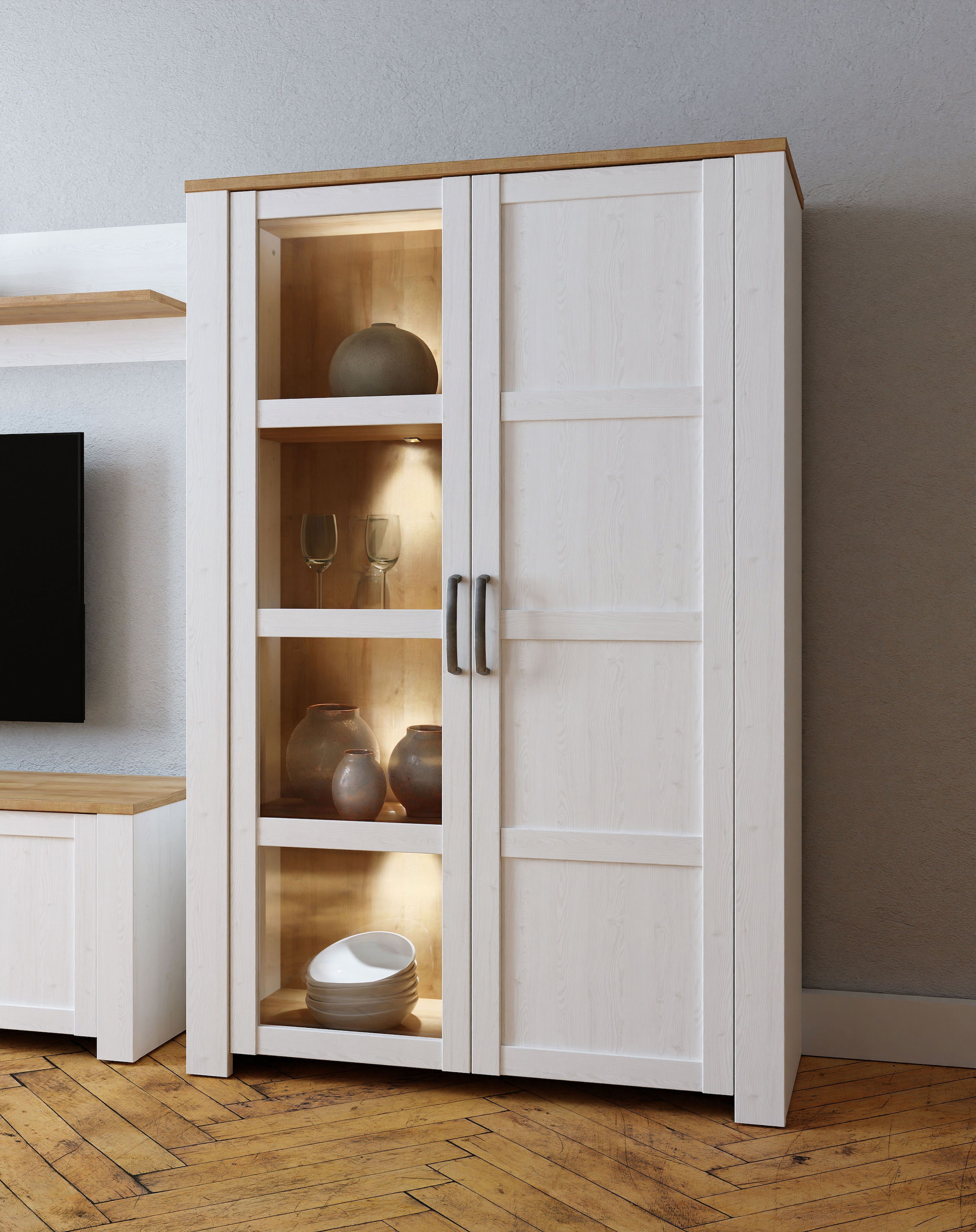 FORTE Highboard »Bohol, Vitrine mit Glastüre, viel Stauraum« B/H/T 106,4/160,6/42 cm Beleuchtung optional bestellbar