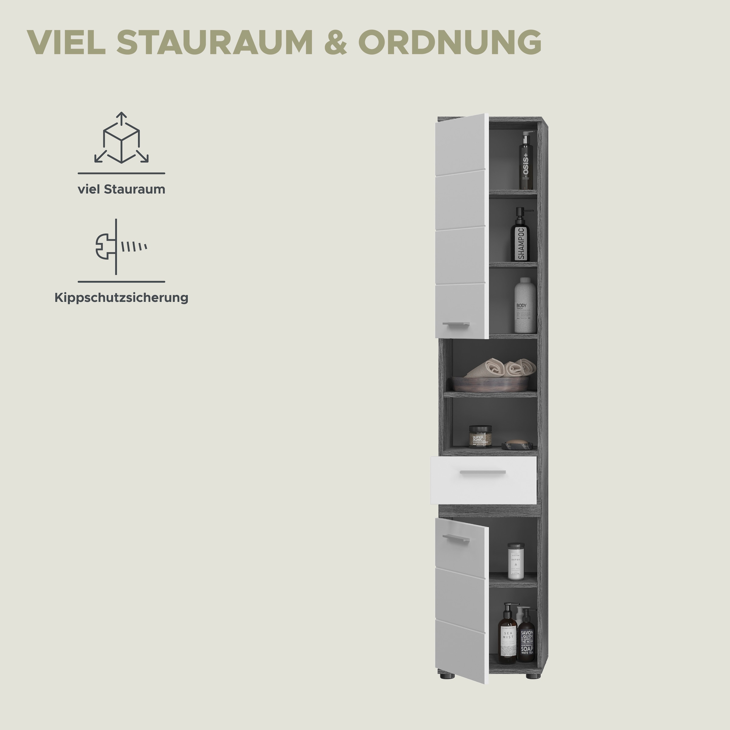 welltime Hochschrank »LUCCA, TOPSELLER!, Breite 35cm, 2 Türen, 1 Schubkasten, 2 Fächer«, MDF-Front, Türanschlag wechselbar, Badmöbel, Badschrank, Badezimmer