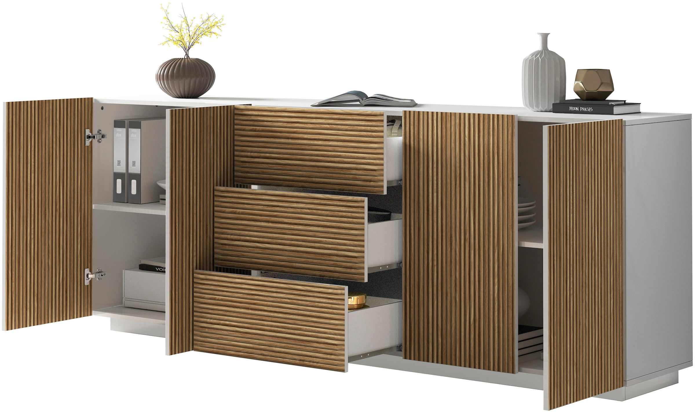 INOSIGN Sideboard »Vega Sideboard,Kommode,220 cm« mit 4 Türen und 3 Schubladen,Fronten mit Rillen-Optik
