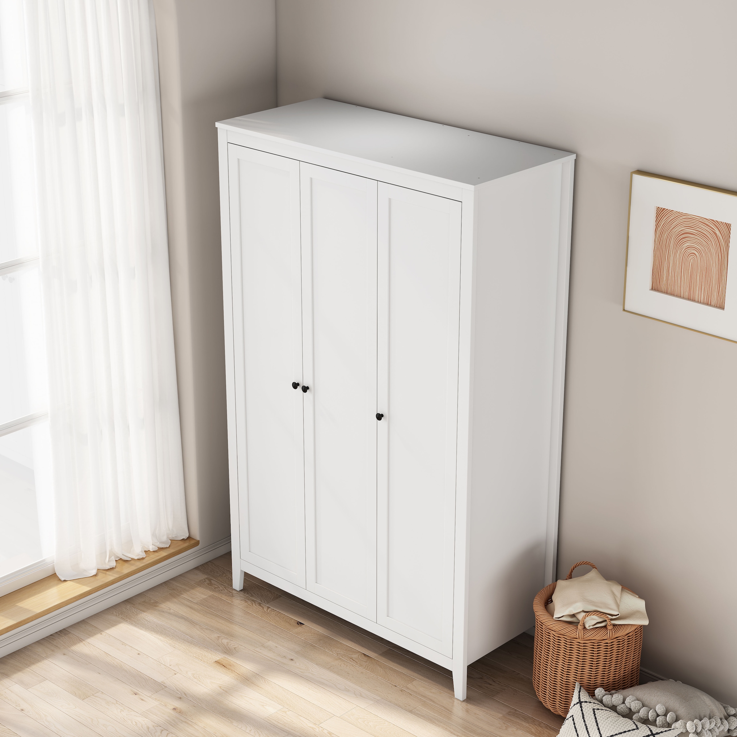 OTTO home Kleiderschrank »Borkum Schlafzimmerschrank Garderobe Landhaus Bestseller weiß« hochwertige schwarze Griffe aus Metall,  Schlafzimmerschrank mit 6 Böden und Kleiderstange, 3 Türen