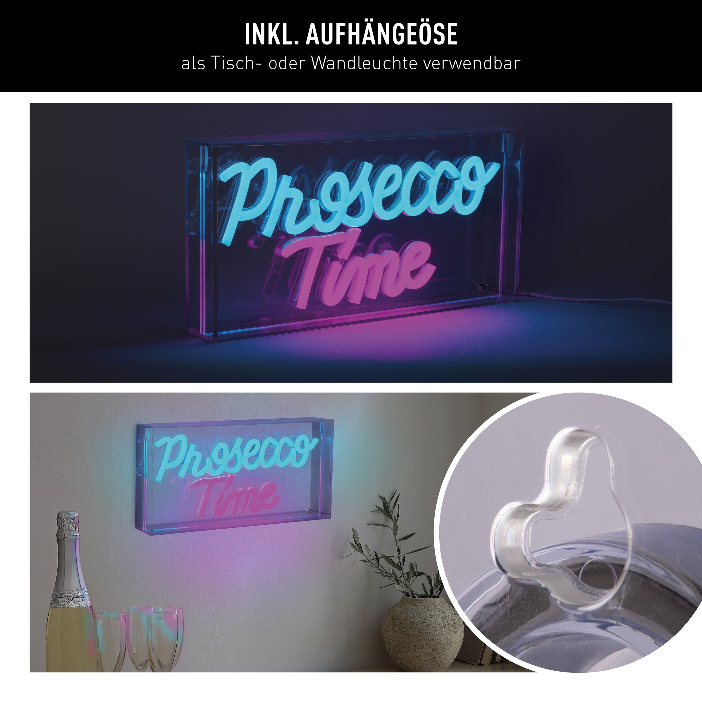 näve LED Dekolicht »PROSECCO TIME« LED-Modul 1 Stk. blau | rot Schriftzug beleuchtet blau rot, Tisch- Wandfunktion, transparent, USB