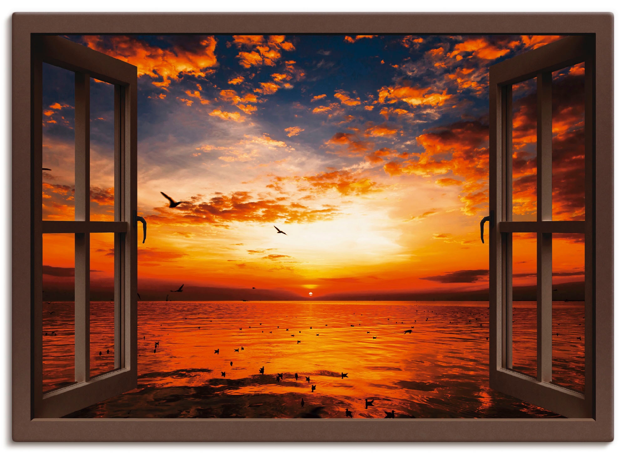 Artland Wandbild »Fensterblick Leinwandbild, Wandaufkleber bei am Größen Fensterblick, Sonnenuntergang versch. St.), Poster OTTO als in Strand«, kaufen oder (1