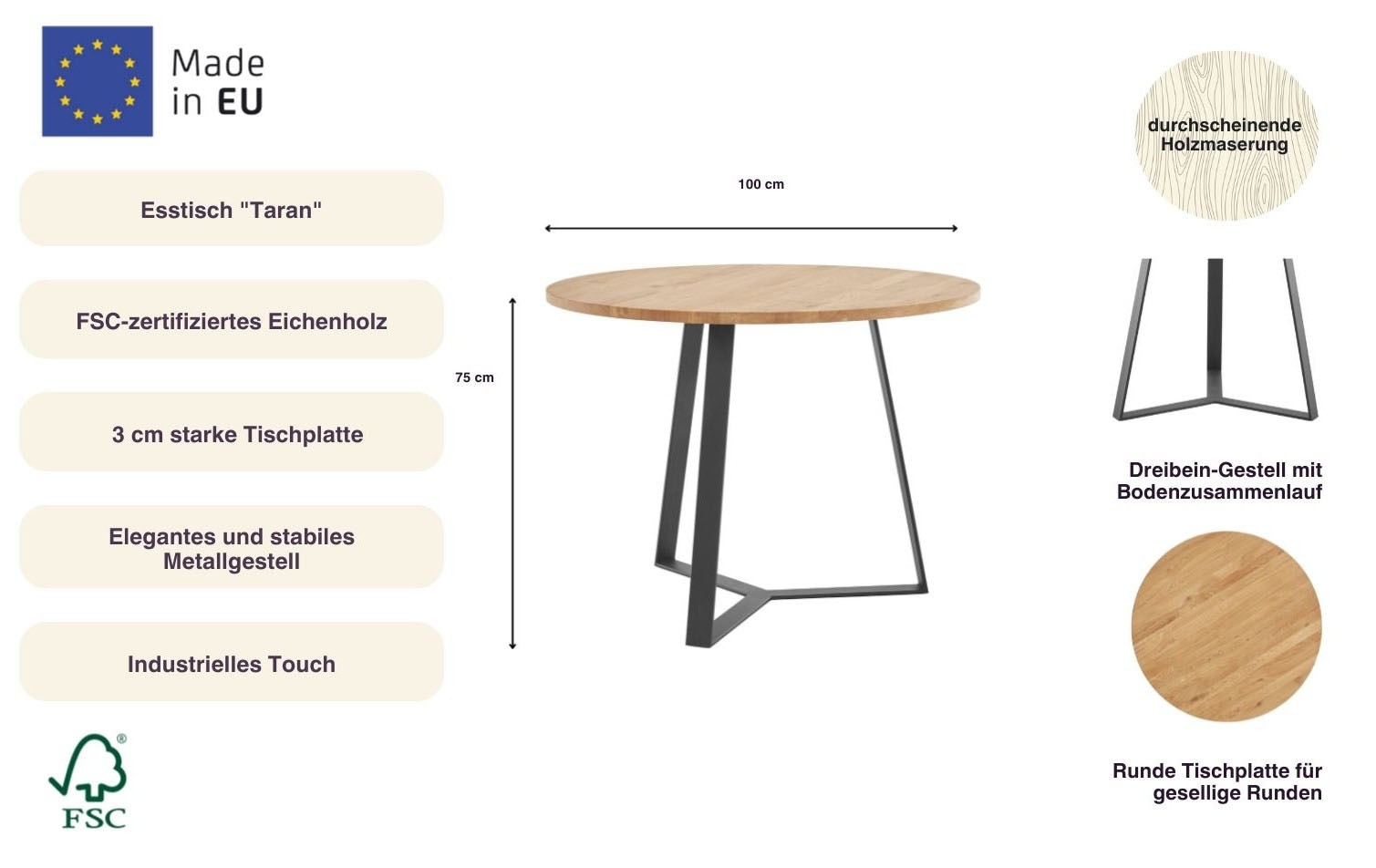 andas Esstisch »Taran«, (Gesamtmaße D/H: 100/75cm)