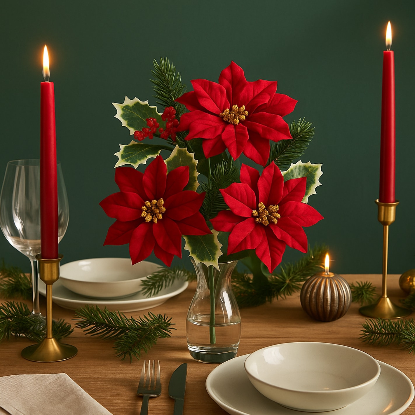 I.GE.A. Kunstblume »Poinsettiastrauß« 2er Set Bouquet aus Weihnachtsstern Ilex Beeren Tanne Weihnachtsdeko