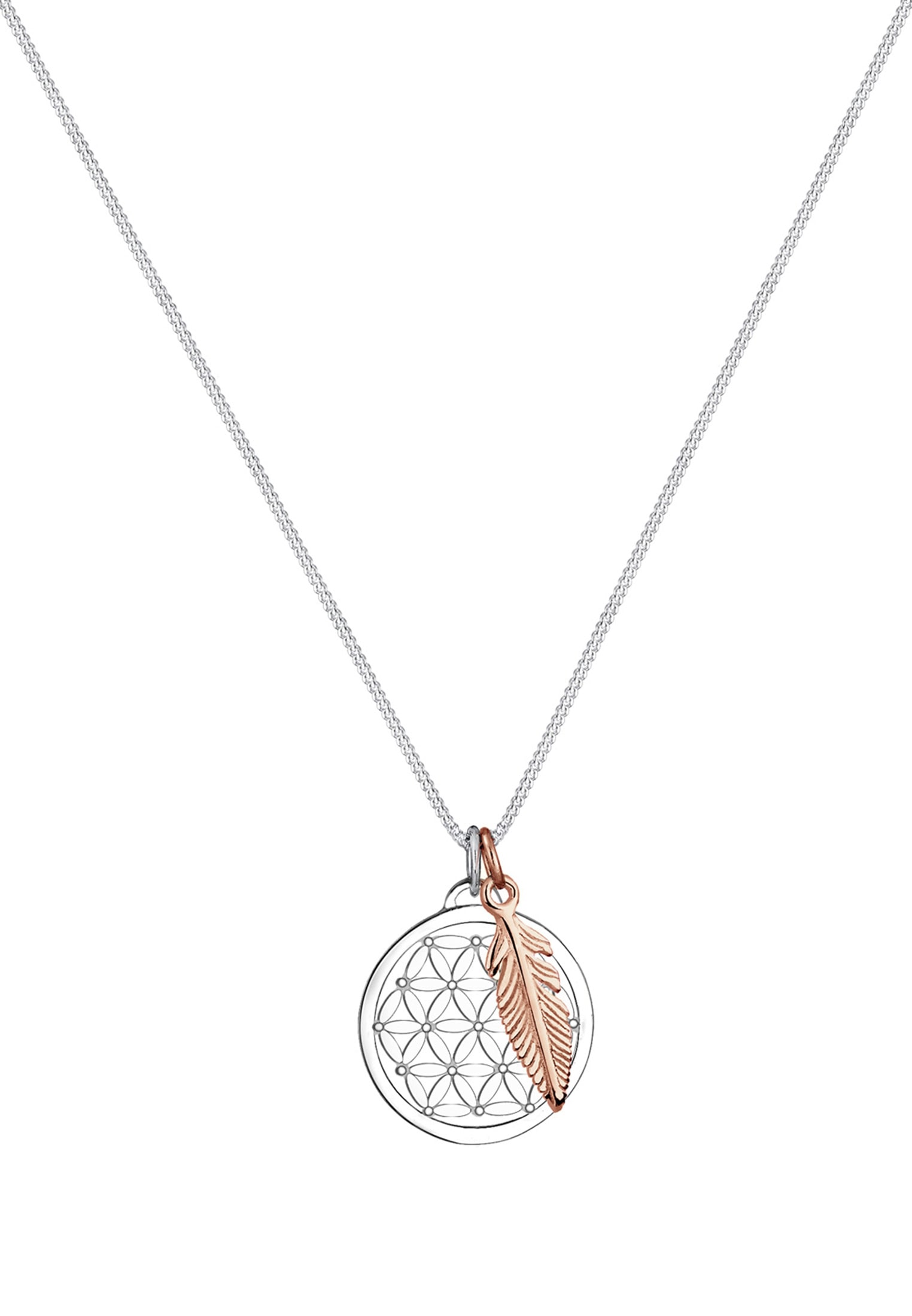 Elli Kette mit Anhänger »Halskette Anhänger Lebensblume und Feder bicolor 925 Sterling Silber«